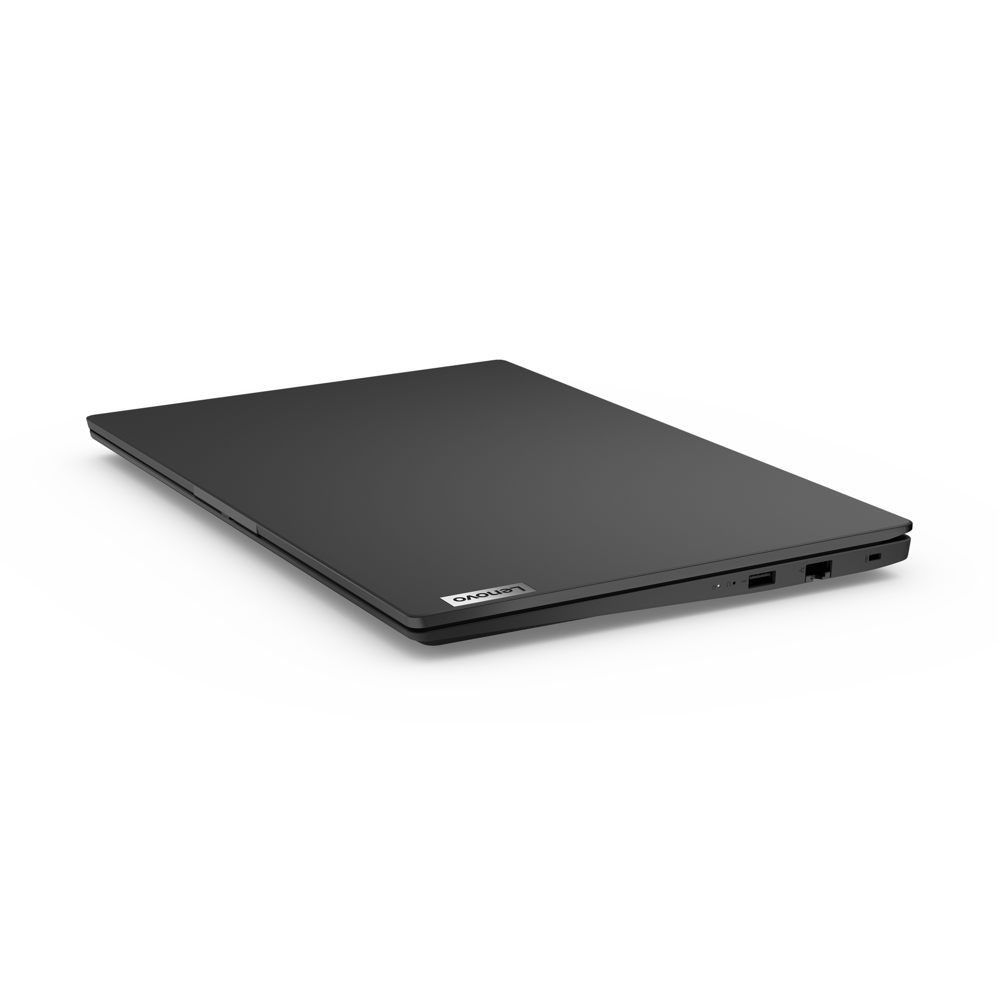 Ein geschlossener schwarzer Lenovo-Laptop liegt auf einer schwarzen Oberfläche vor dunklem Hintergrund.