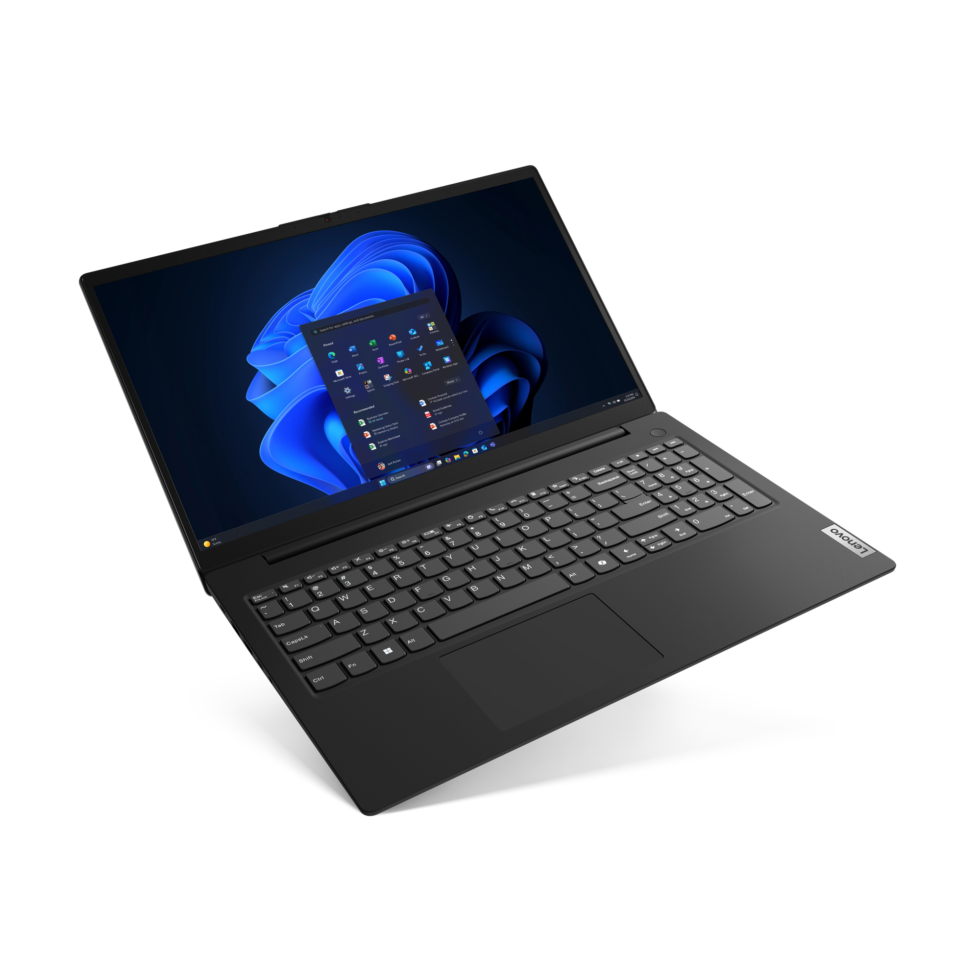 Ein schwarzer Lenovo-Laptop vor schwarzem Hintergrund mit Windows 11-Blau und Startmenü.