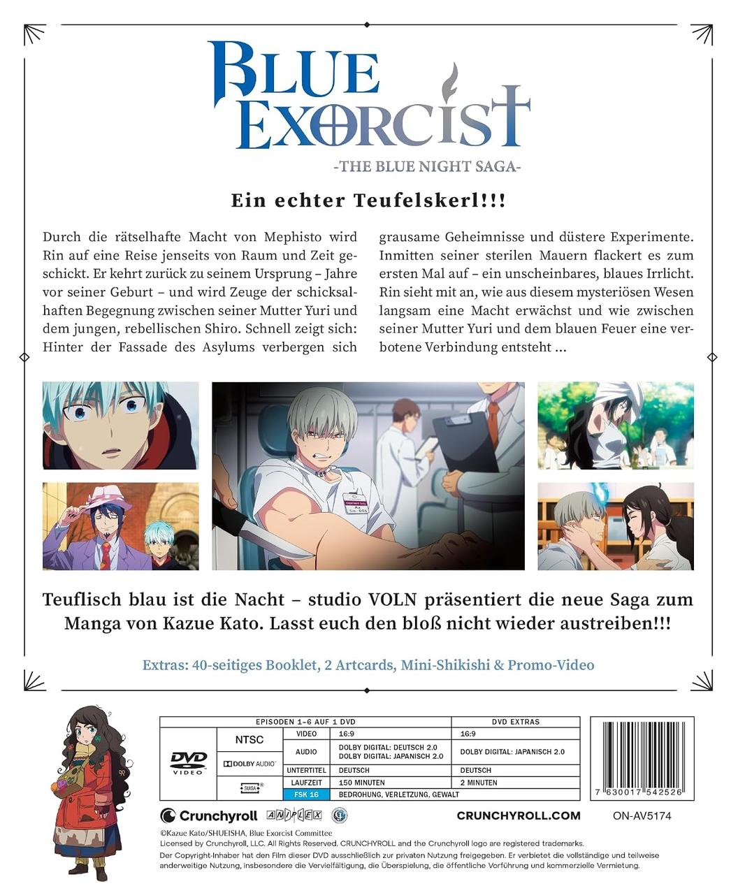Rückseite der Blue Exorcist DVD mit Animeszenen, deutscher Inhaltsangabe und technischen Details.