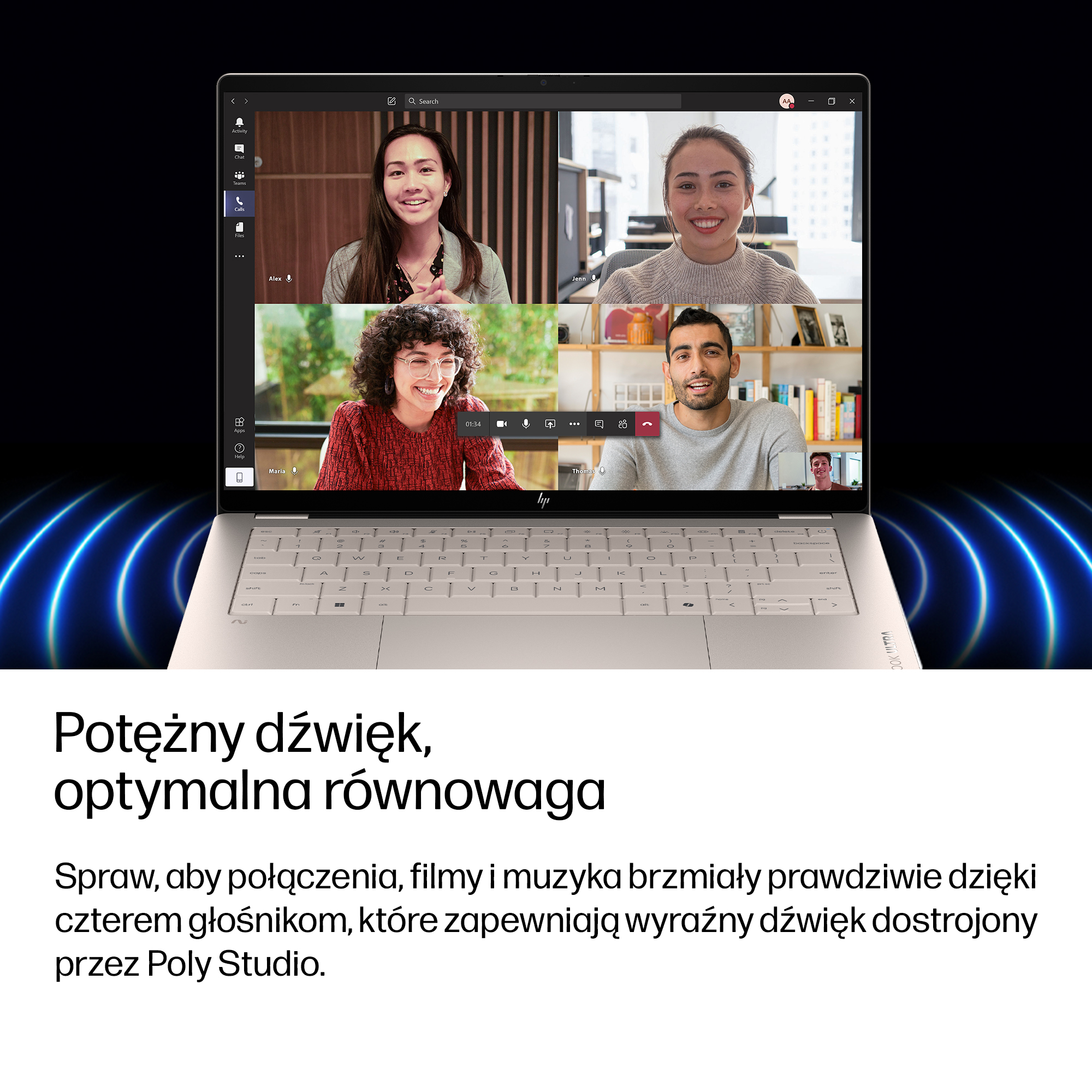 Laptop wyświetla połączenie wideo z czterema osobami, a po bokach widać fale dźwiękowe.