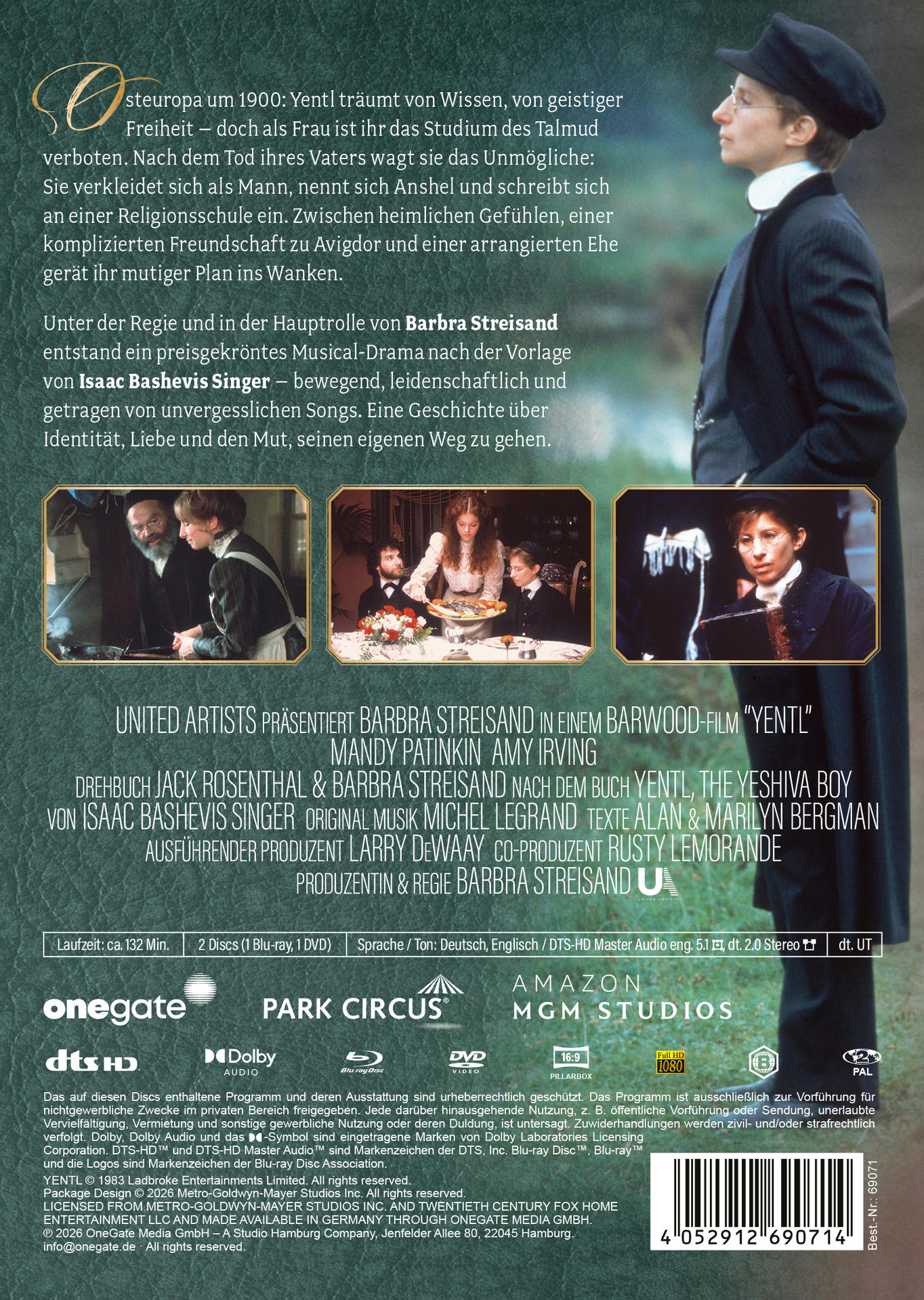 DVD-Rückseite des Films Yentl mit Barbra Streisand in dunkler Kleidung und Kappe.