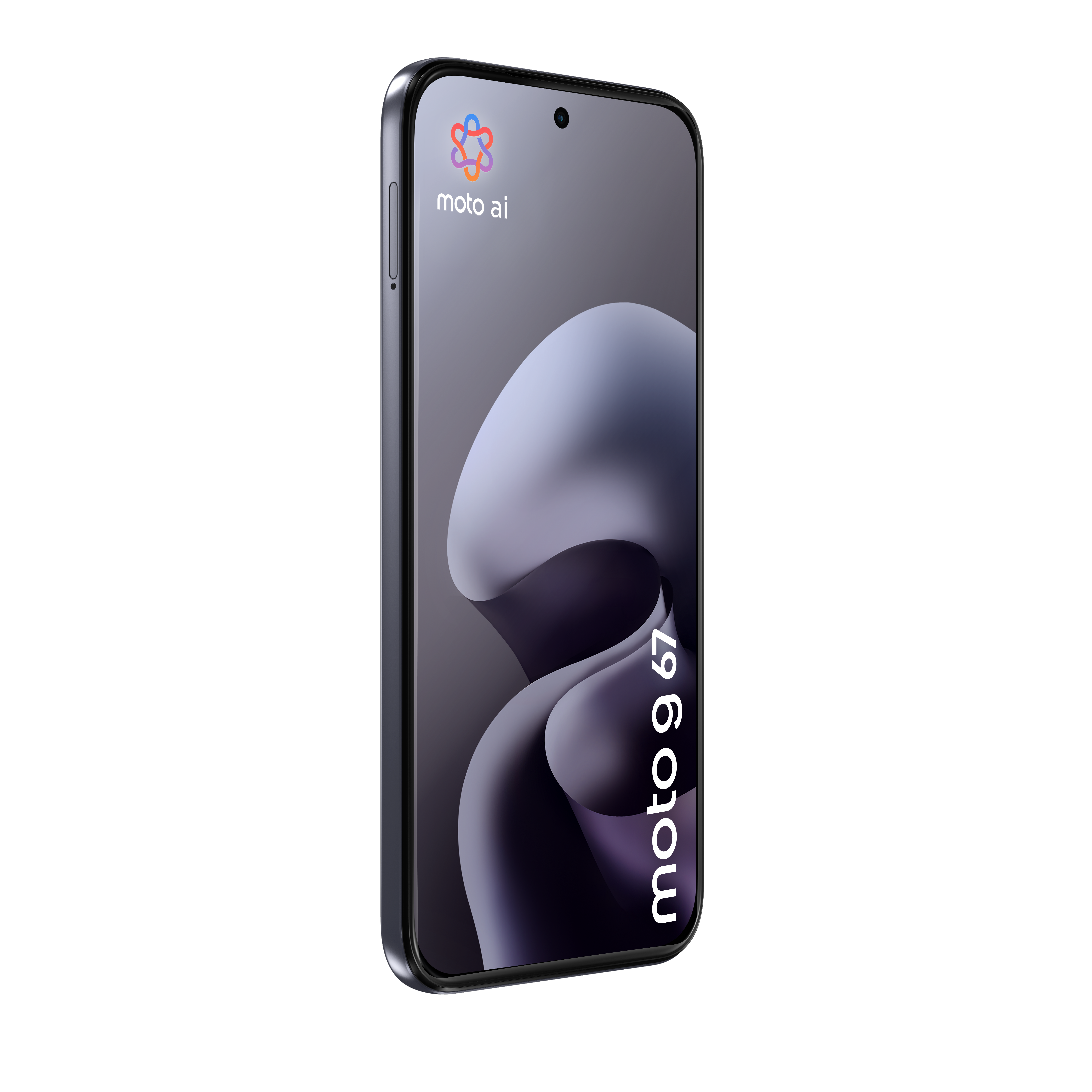Schwarzes Moto g 67 Smartphone mit Moto ai Logo und abstraktem Bildschirmhintergrund.