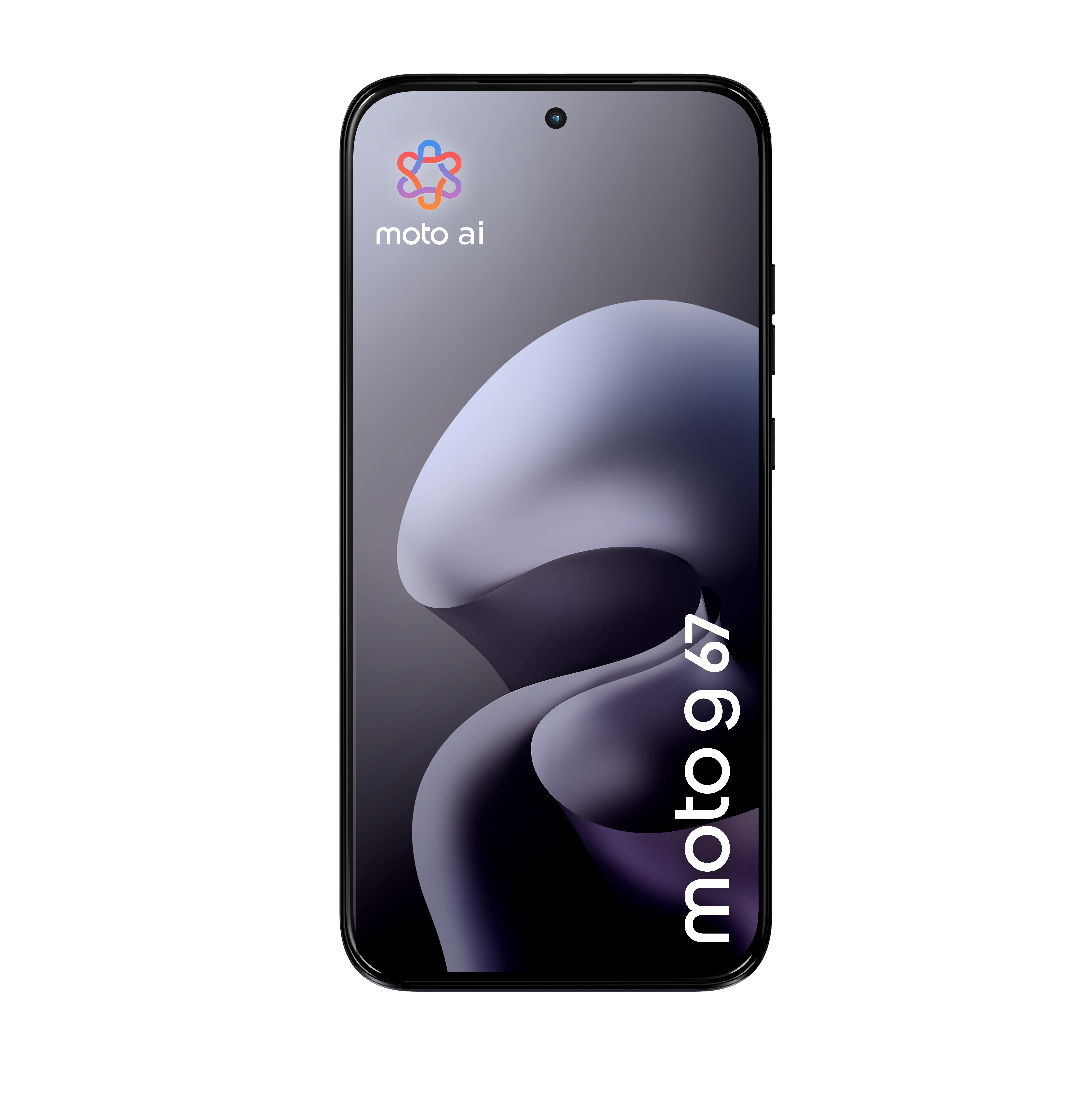 Ein schwarzes Smartphone mit dem Schriftzug moto 9 67 und moto ai auf dem Bildschirm.