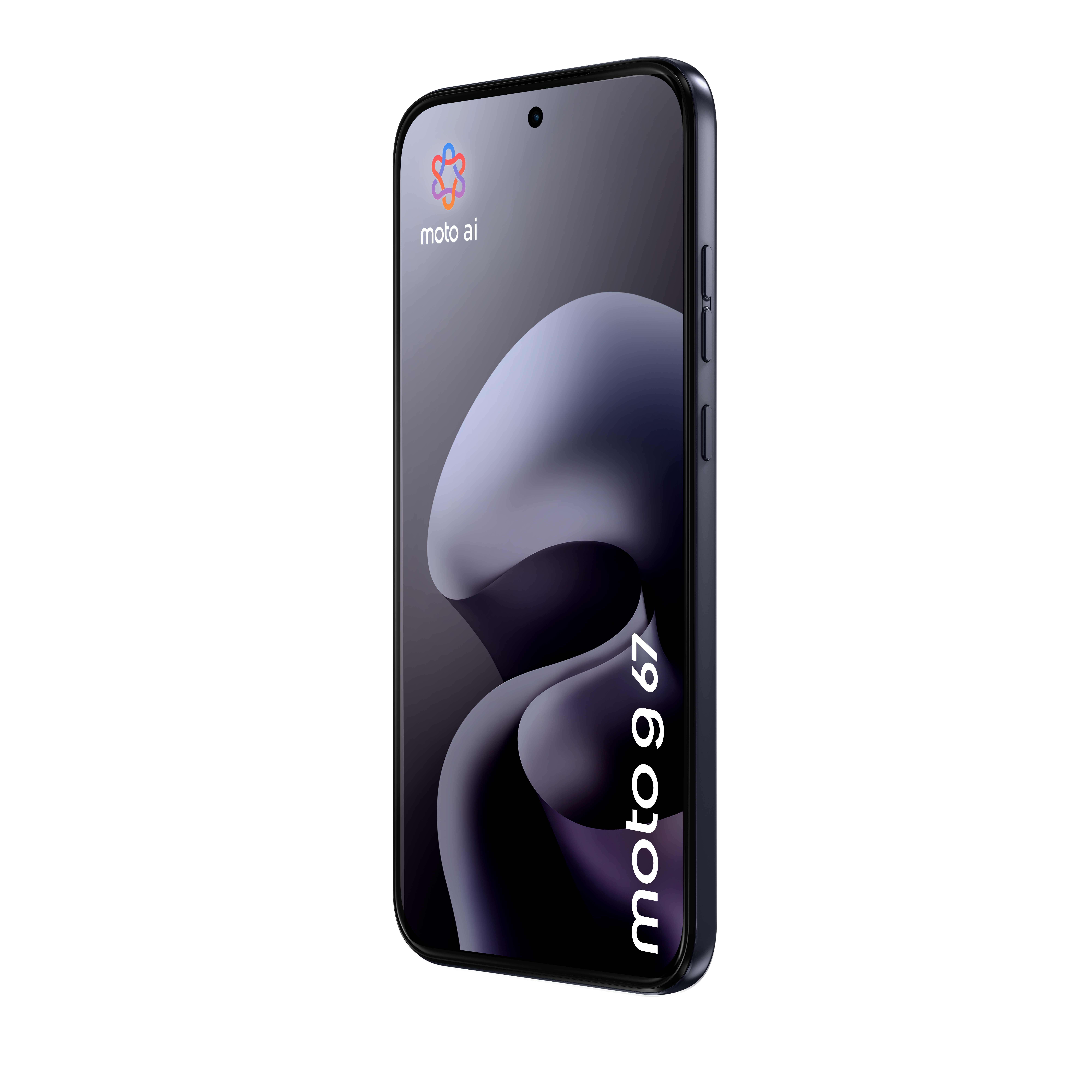 Ein schwarzes Smartphone mit moto ai-Logo auf dem Bildschirm und moto g 67 unten, in Dreiviertelansicht gezeigt.