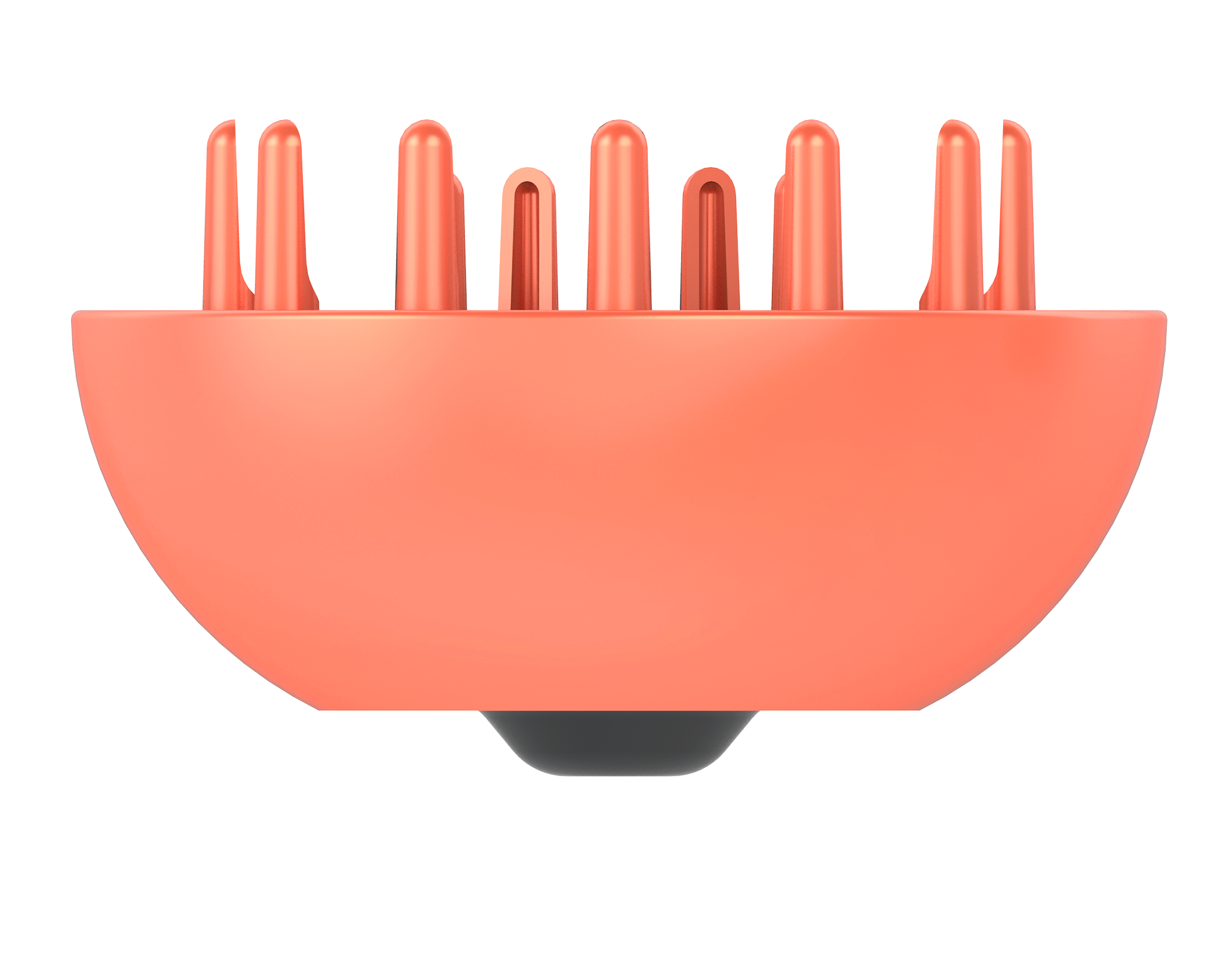 Ein korallfarbener Haartrockner-Diffusor mit fingerartigen Aufsätzen vor schwarzem Hintergrund.