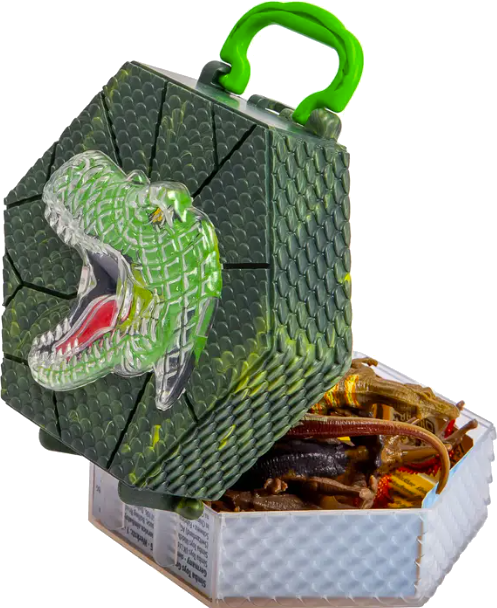 Grüne sechseckige Spielzeugbox mit T-Rex-Kopf und Plastikdinosauriern im Inneren.