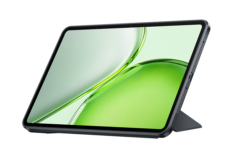 Beyaz arka planda, açık yeşil ekranlı koyu renkli bir tablet stand üzerinde hafifçe açılı duruyor.