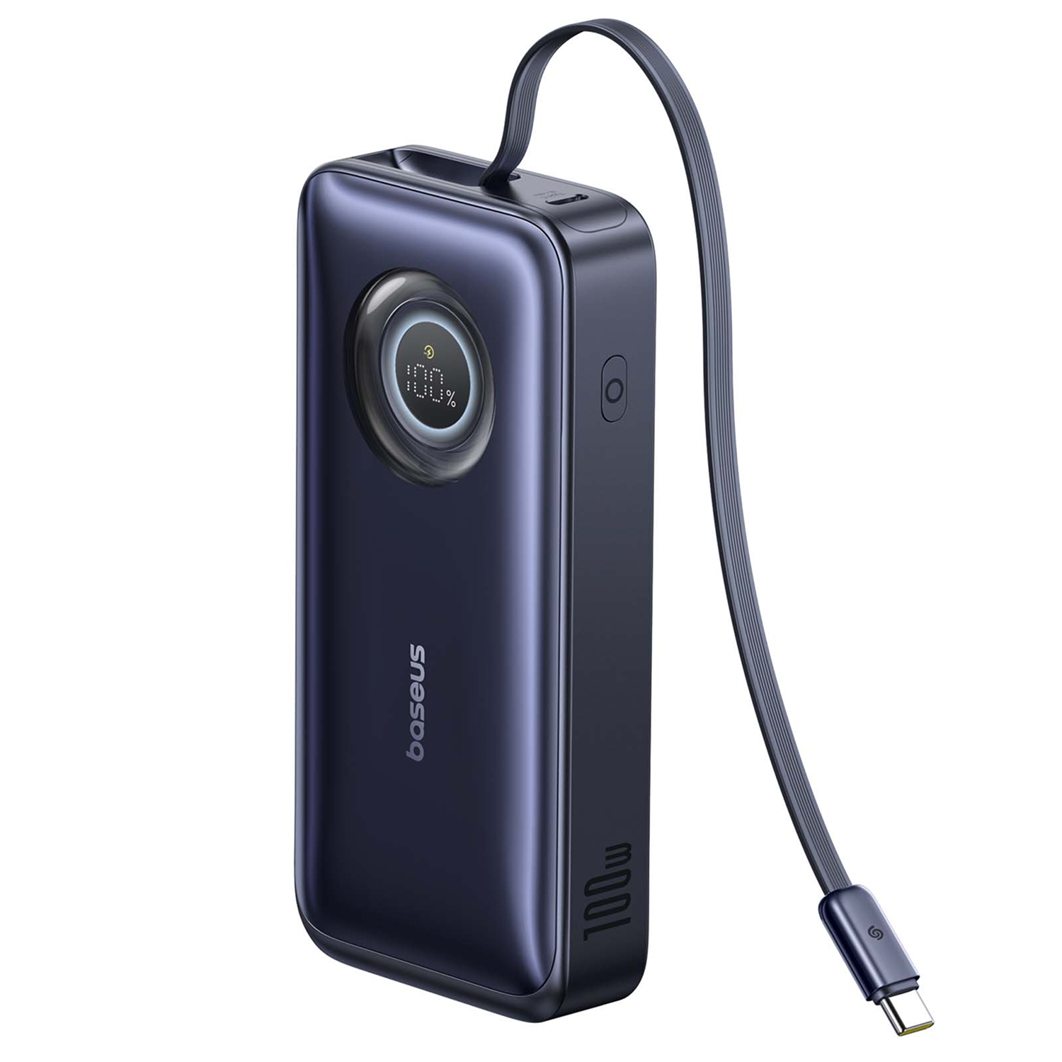 Batería externa Baseus 100W azul oscura con pantalla LED redonda y cable USB-C integrado sobre fondo blanco.