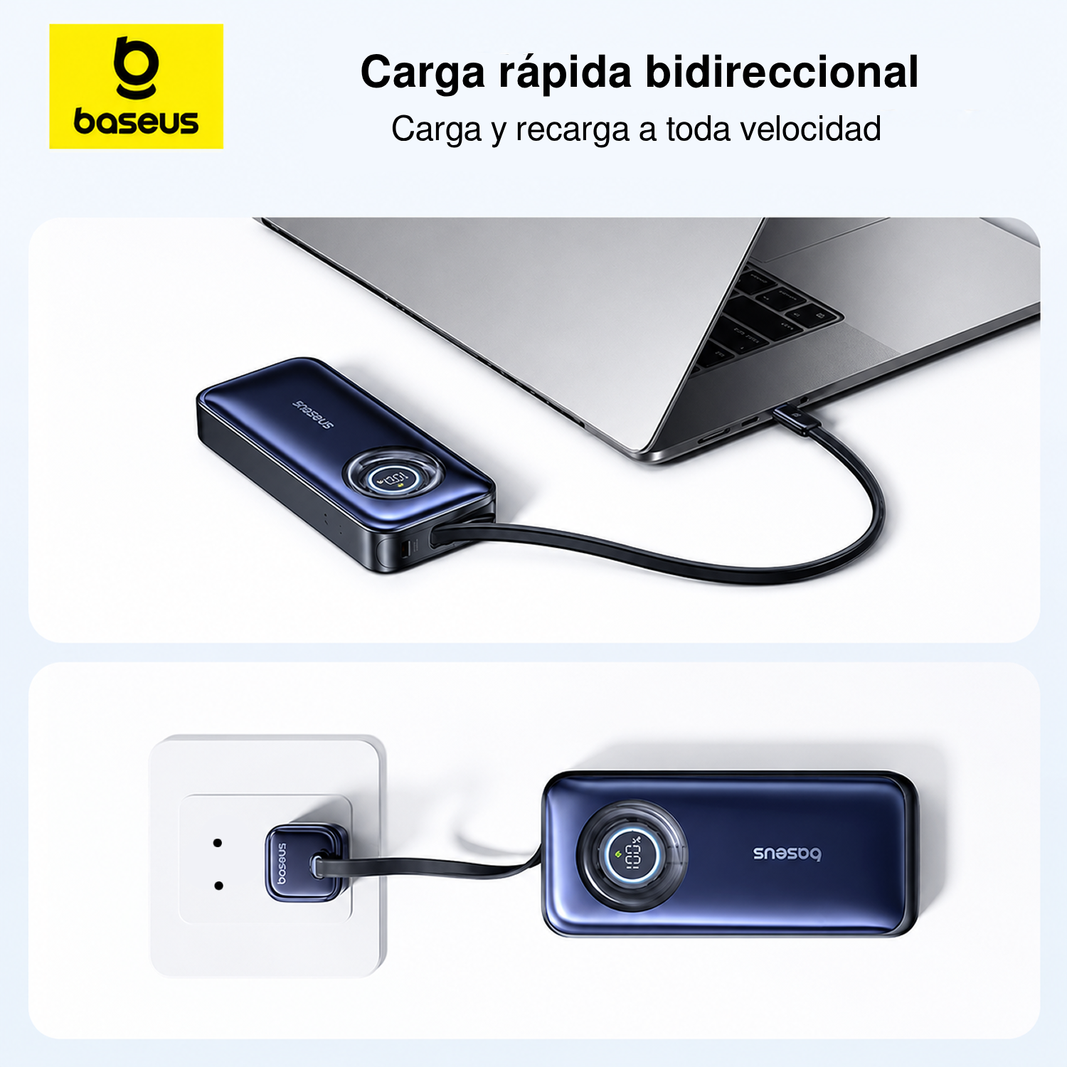 Banco de energía Baseus azul cargando un ordenador portátil y enchufado a la pared.