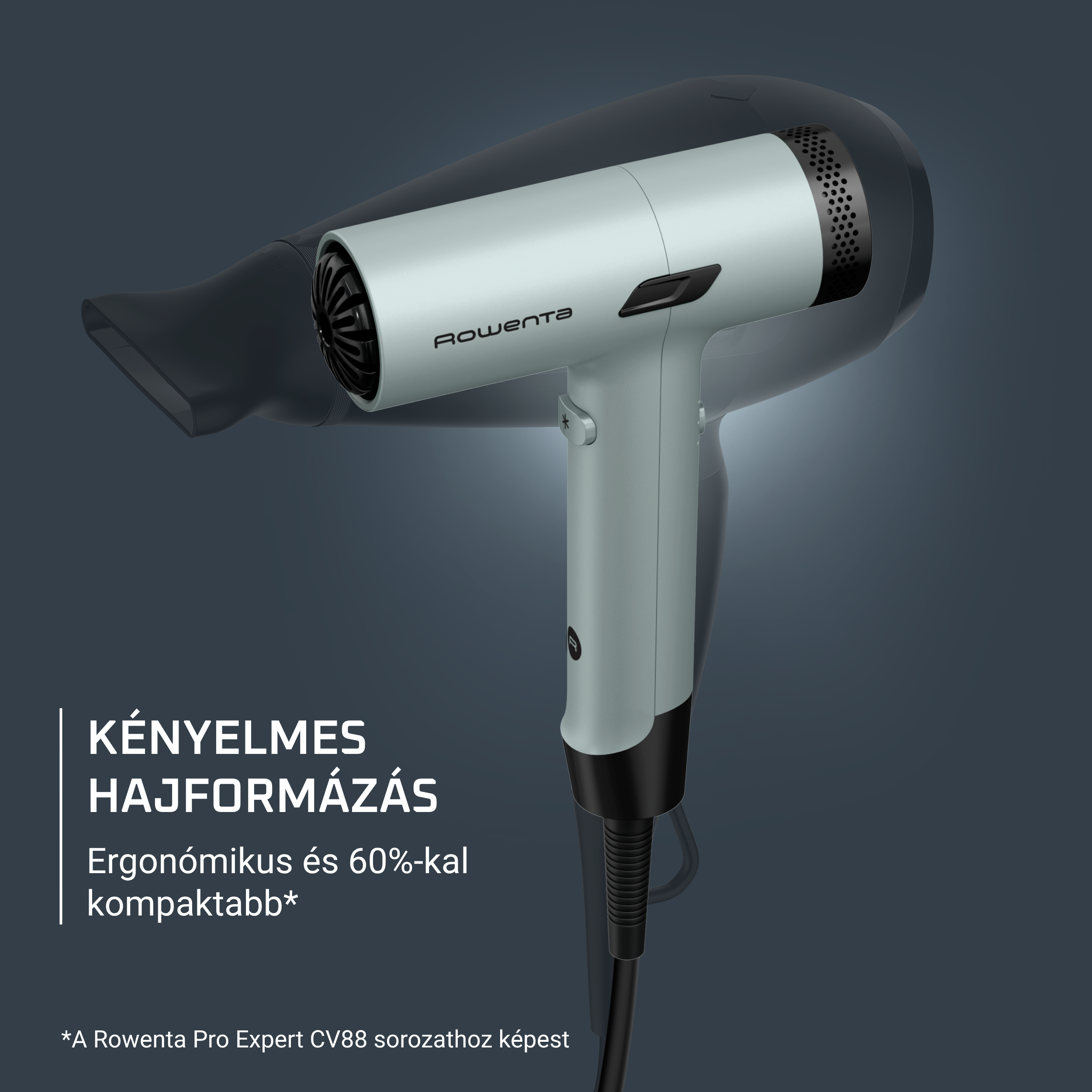 Egy kompakt, mentazöld Rowenta hajszárító sötét háttérrel és magyar felirattal.