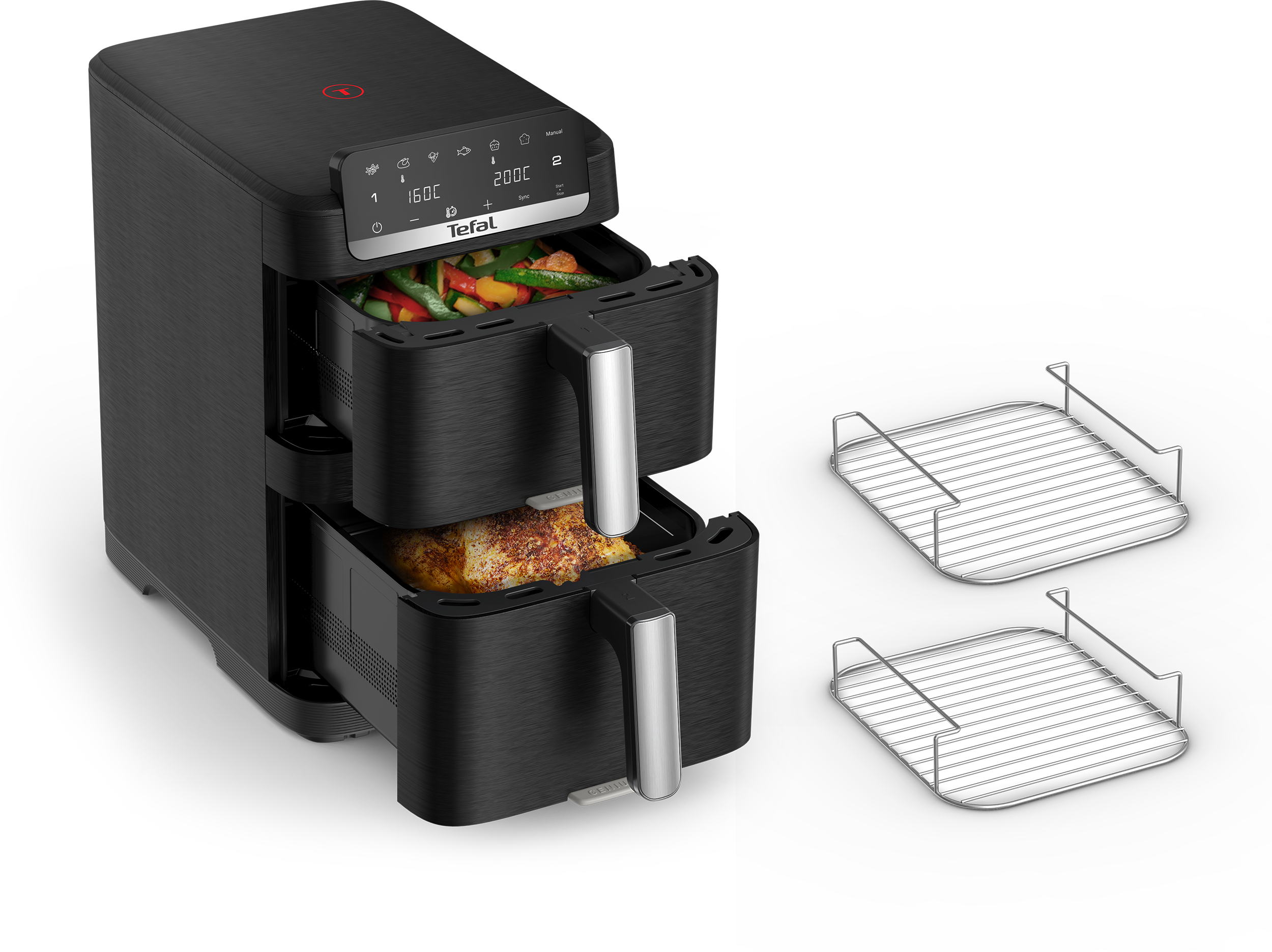 Fekete, kéttálcás Tefal légkeveréses sütő zöldségekkel, egész csirkével és két rácslemezzel.