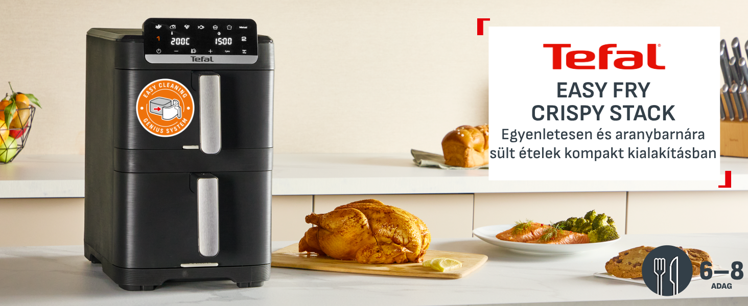 Tefal Easy Fry Crispy Stack forrólevegős sütő konyhapulton sült csirkével.