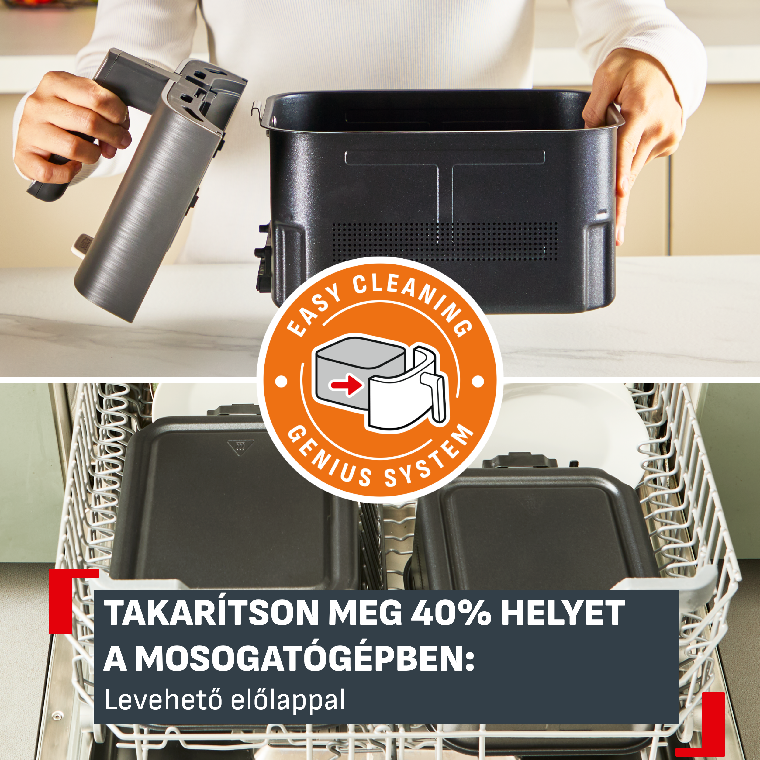 Egy forrólevegős fritőz részeit szétszedik és mosogatógépben mossák.
