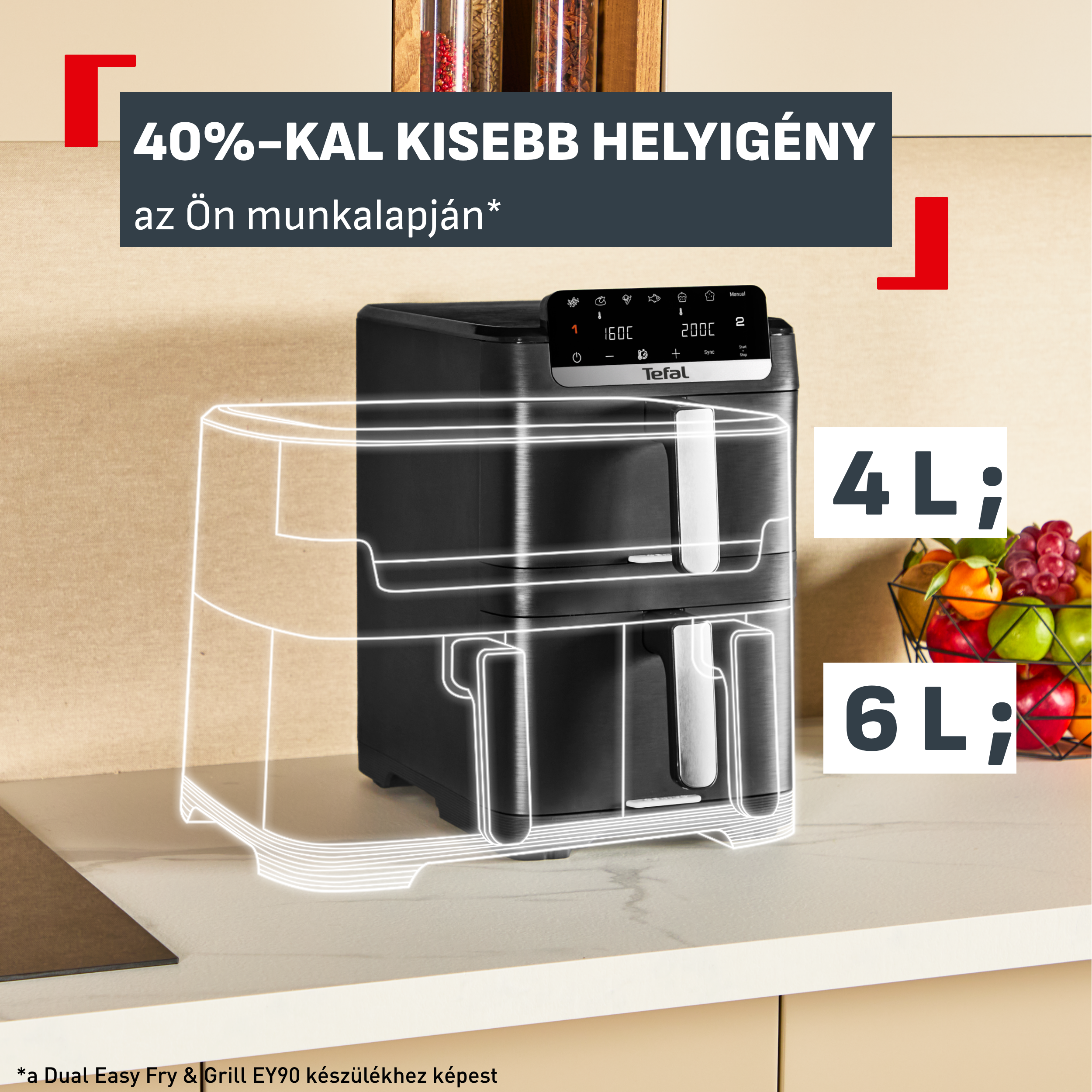 Fekete Tefal duplafiókos légsütő gyümölcsös kosárral a konyhapulton.