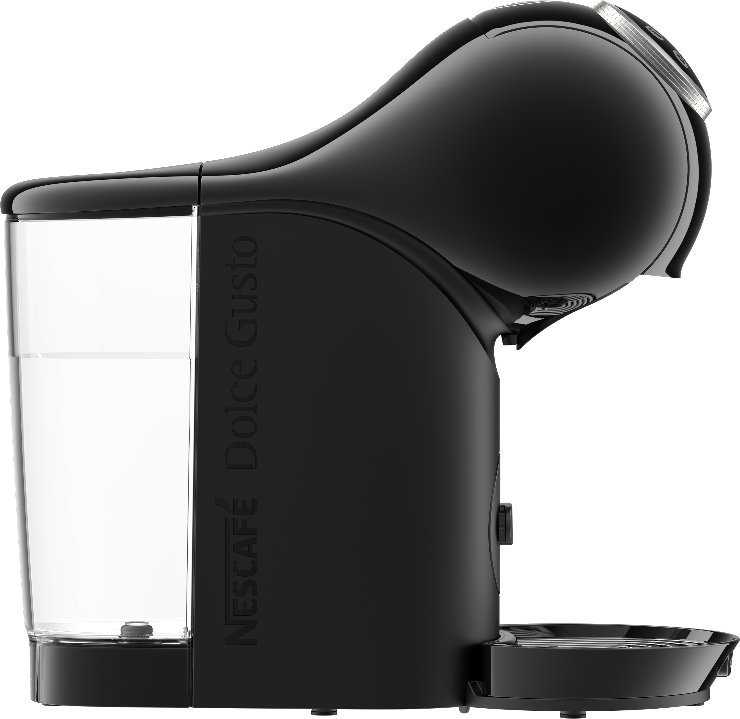 Egy fekete Nescafé Dolce Gusto kávéfőző fekete háttérrel, víztartállyal.