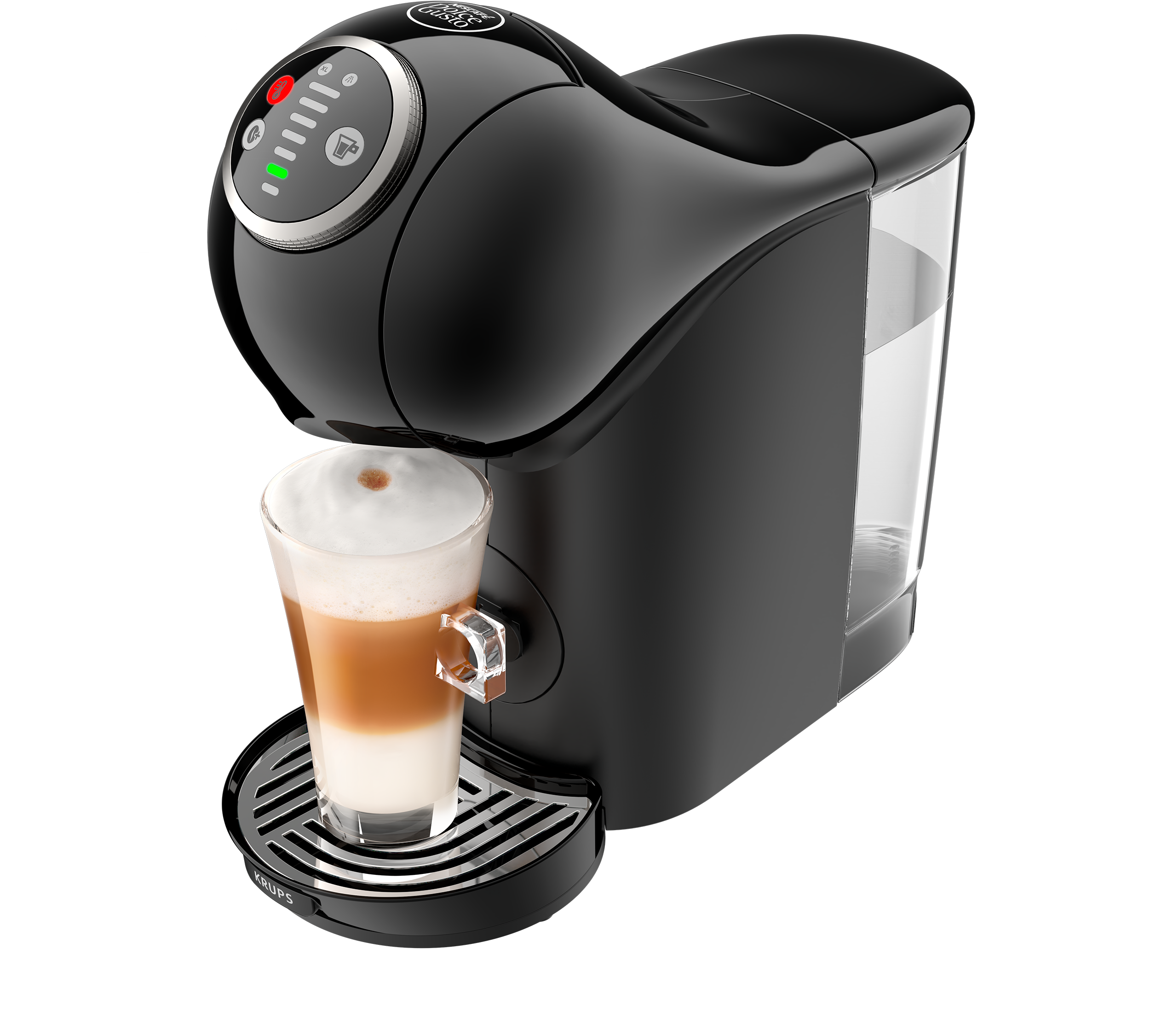 Fekete kávéfőző pohárral és latte macchiatóval fekete háttér előtt.