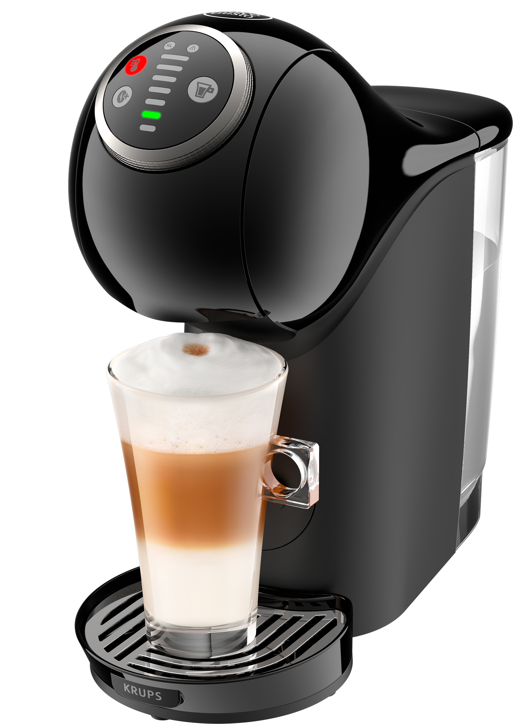 Fekete kávéfőző réteges latte macchiatós pohárral fekete háttér előtt.