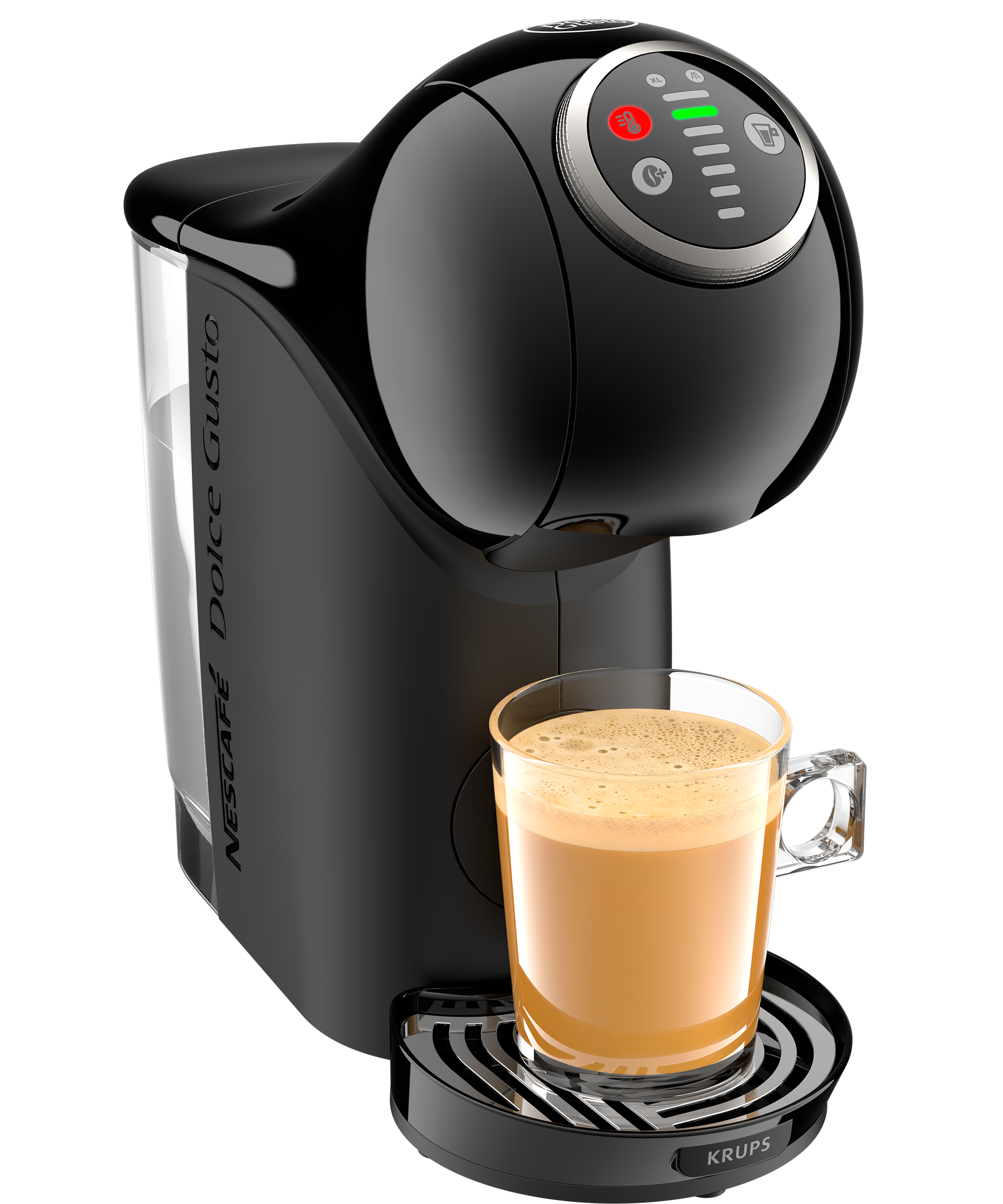 Egy fekete Krups Nescafé Dolce Gusto kávéfőző habos italt készít egy átlátszó pohárban.