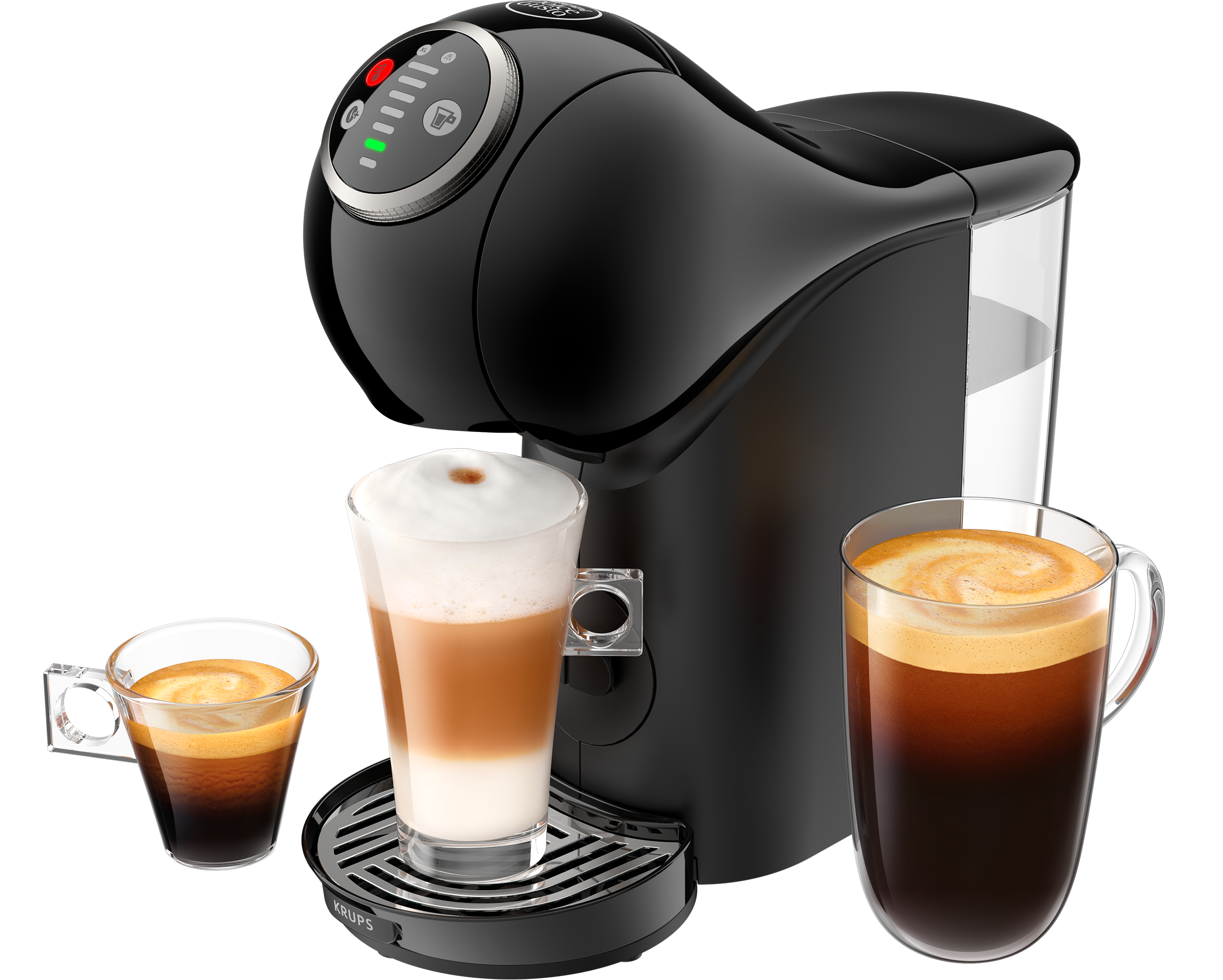 Fekete kávéfőzőgép előtte három pohár eszpresszóval, latte macchiatóval és kávéval.