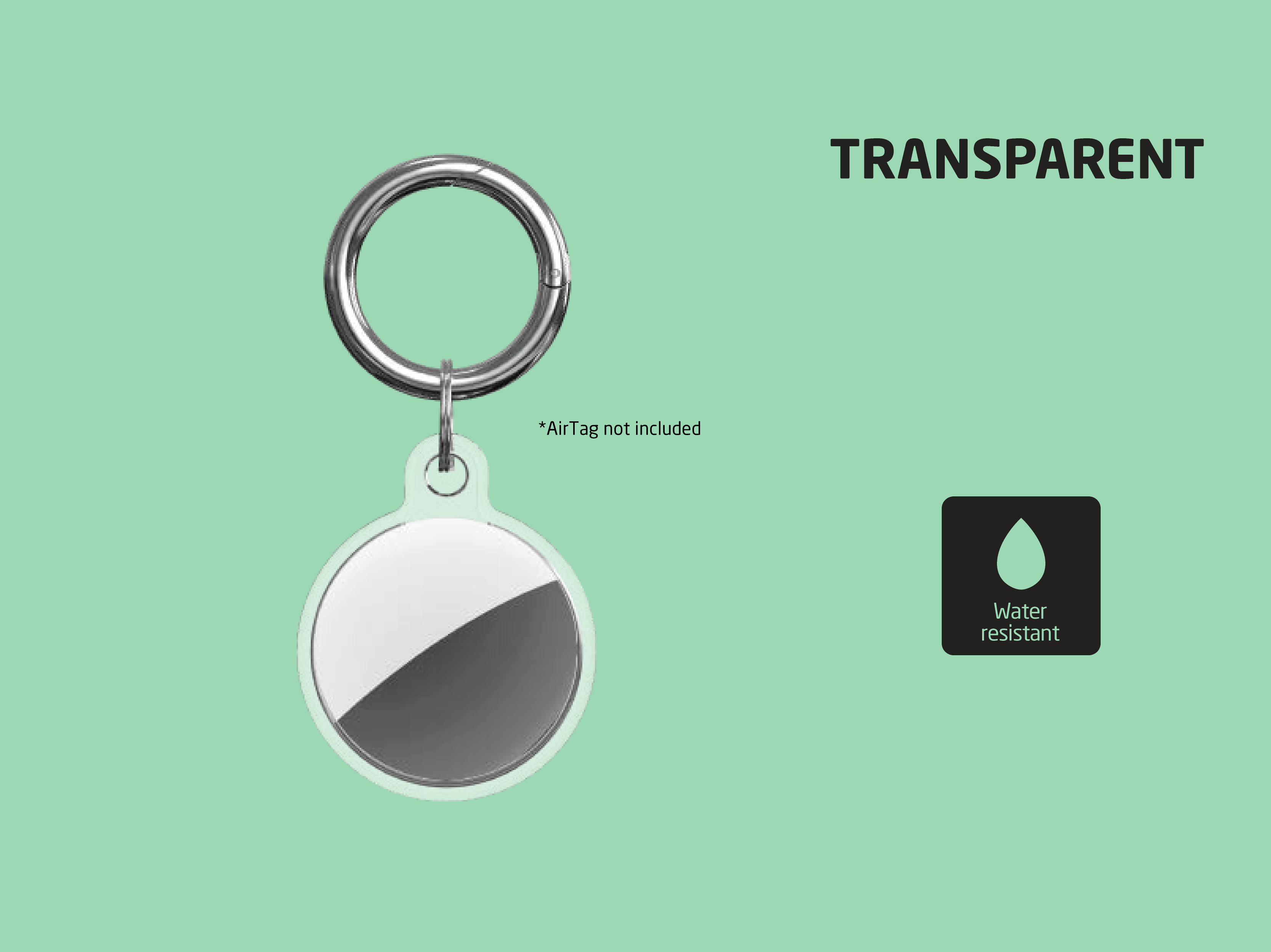 Ein transparenter Silikon-AirTag-Schlüsselanhänger auf grünem Hintergrund mit einem wasserfesten Symbol.