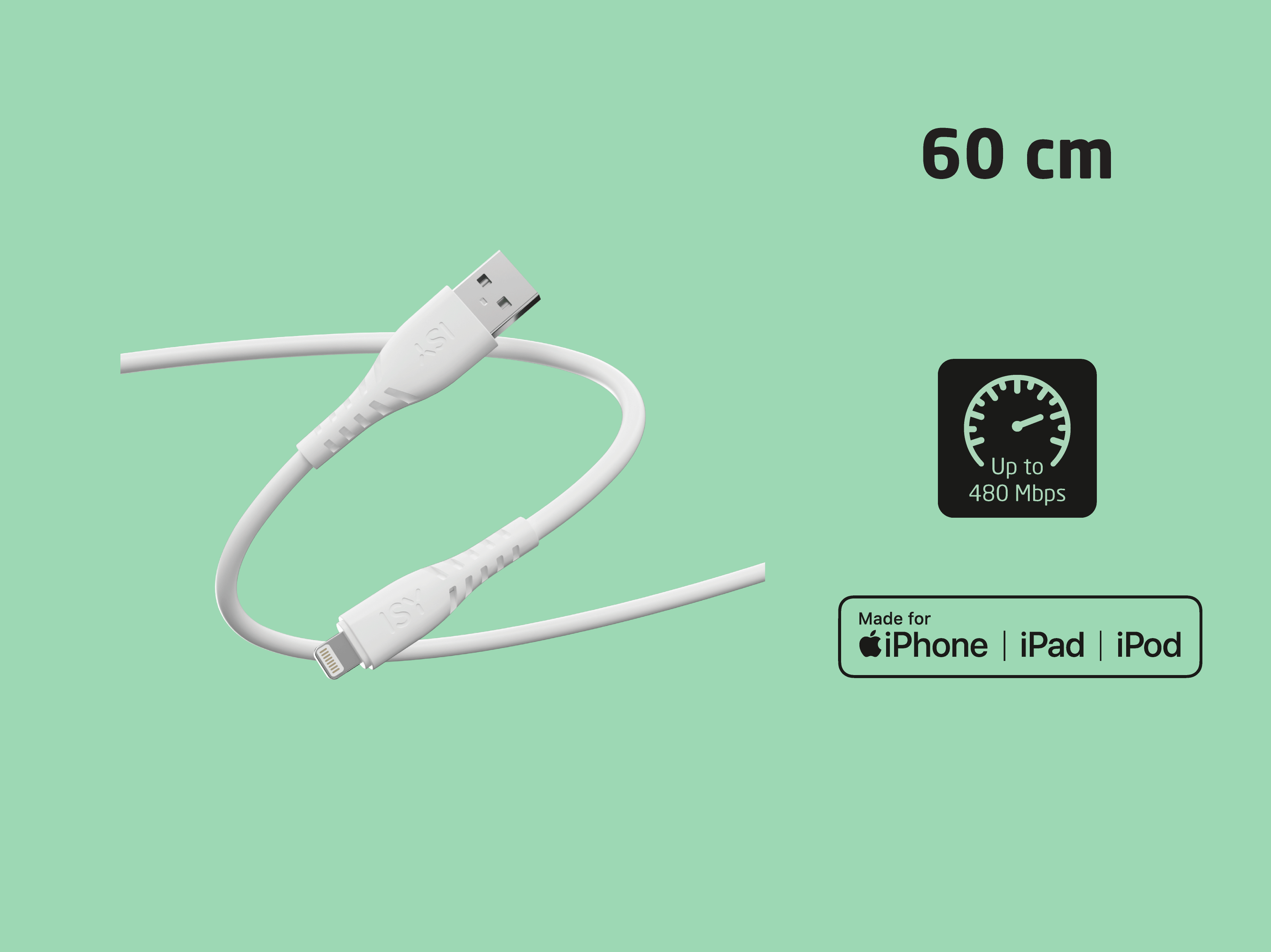 Weißes ISY 60 cm Ladekabel mit USB-A und Lightning-Anschluss auf grünem Hintergrund.