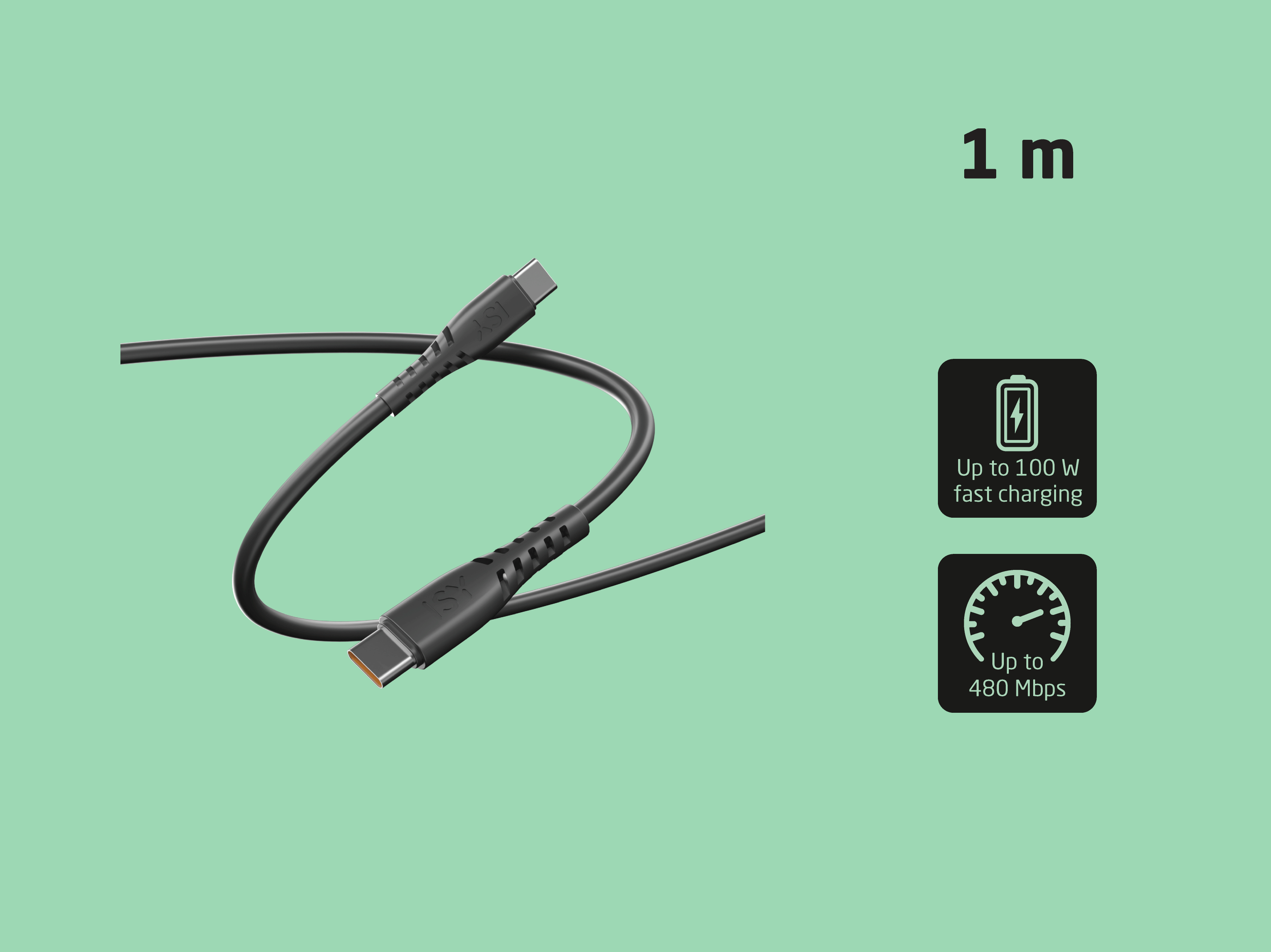 Schwarzes USB-C-Kabel, 1 m lang, mit 100 W Schnellladefunktion und 480 Mbps Datengeschwindigkeit.