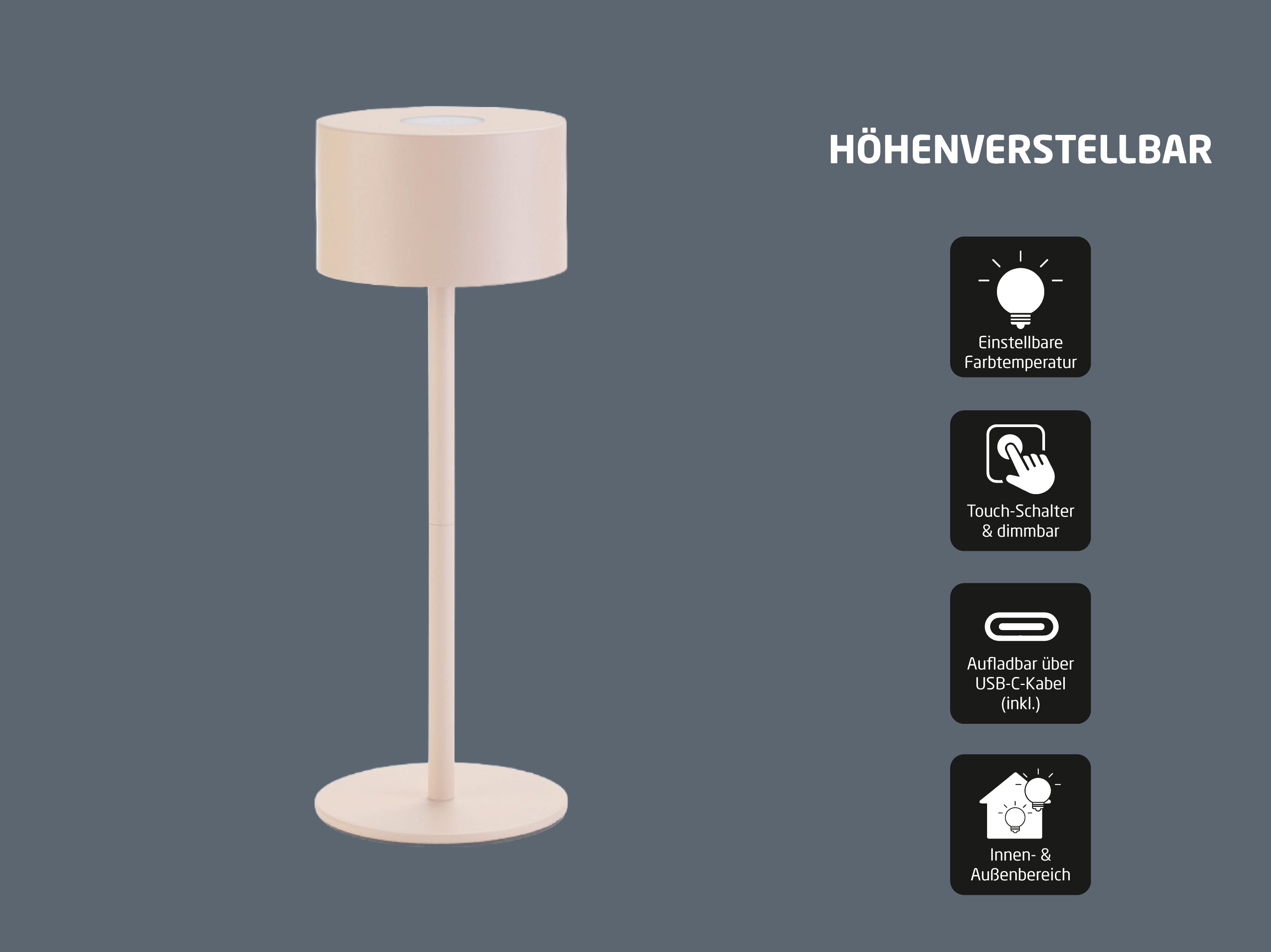 Eine beigefarbene, höhenverstellbare Tischlampe mit vier Funktionssymbolen rechts vor grauem Hintergrund.