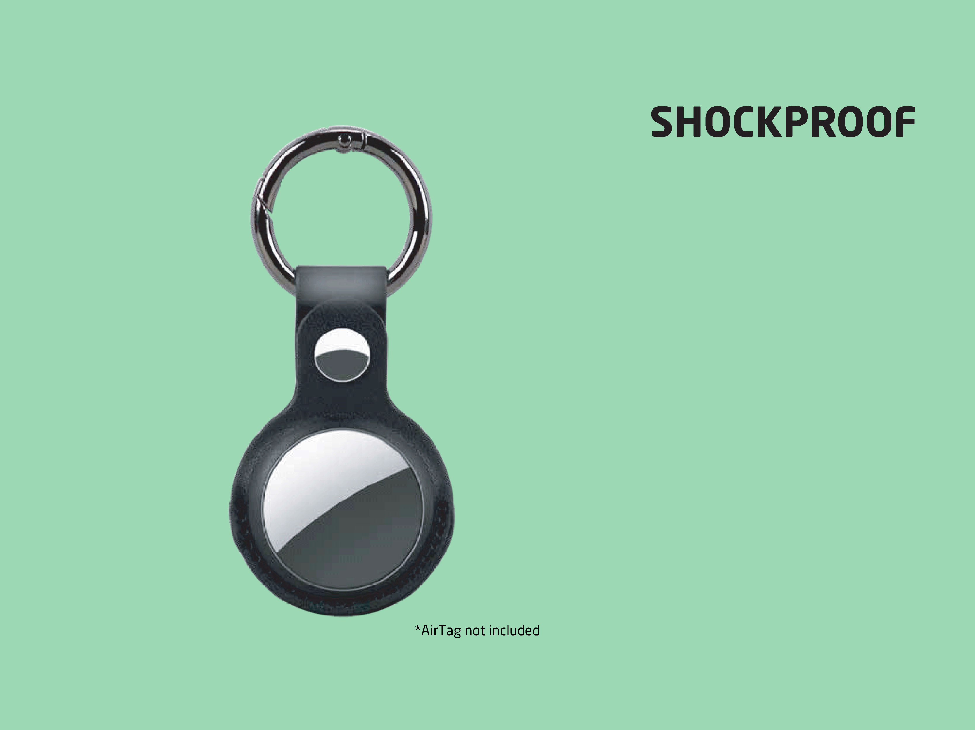 Schwarzer Leder-Schlüsselanhänger für ein AirTag auf grünem Hintergrund mit der Aufschrift SHOCKPROOF.