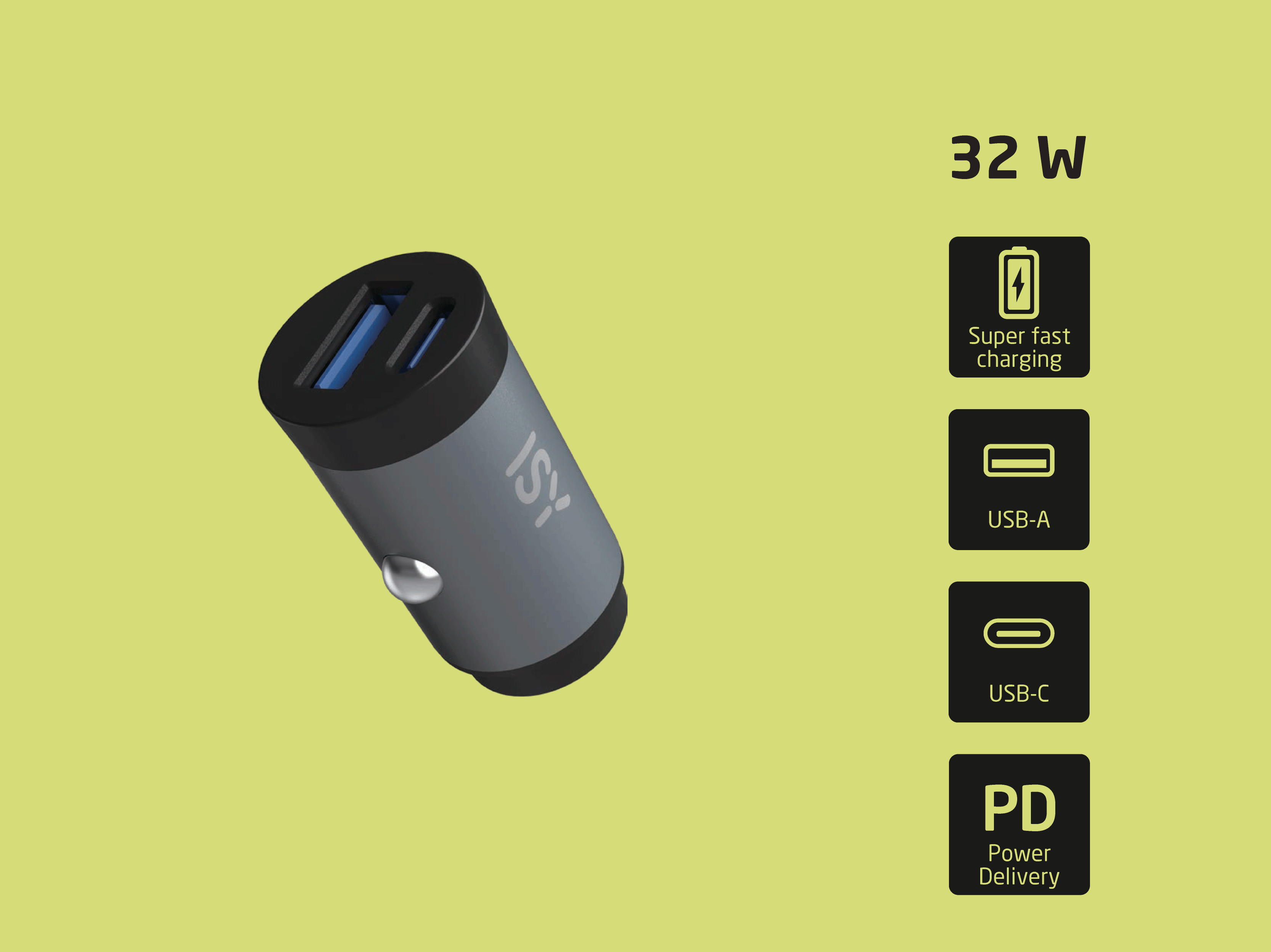 Grauer 32W USB-Kfz-Lader mit USB-A- und USB-C-Anschlüssen vor gelbem Hintergrund.