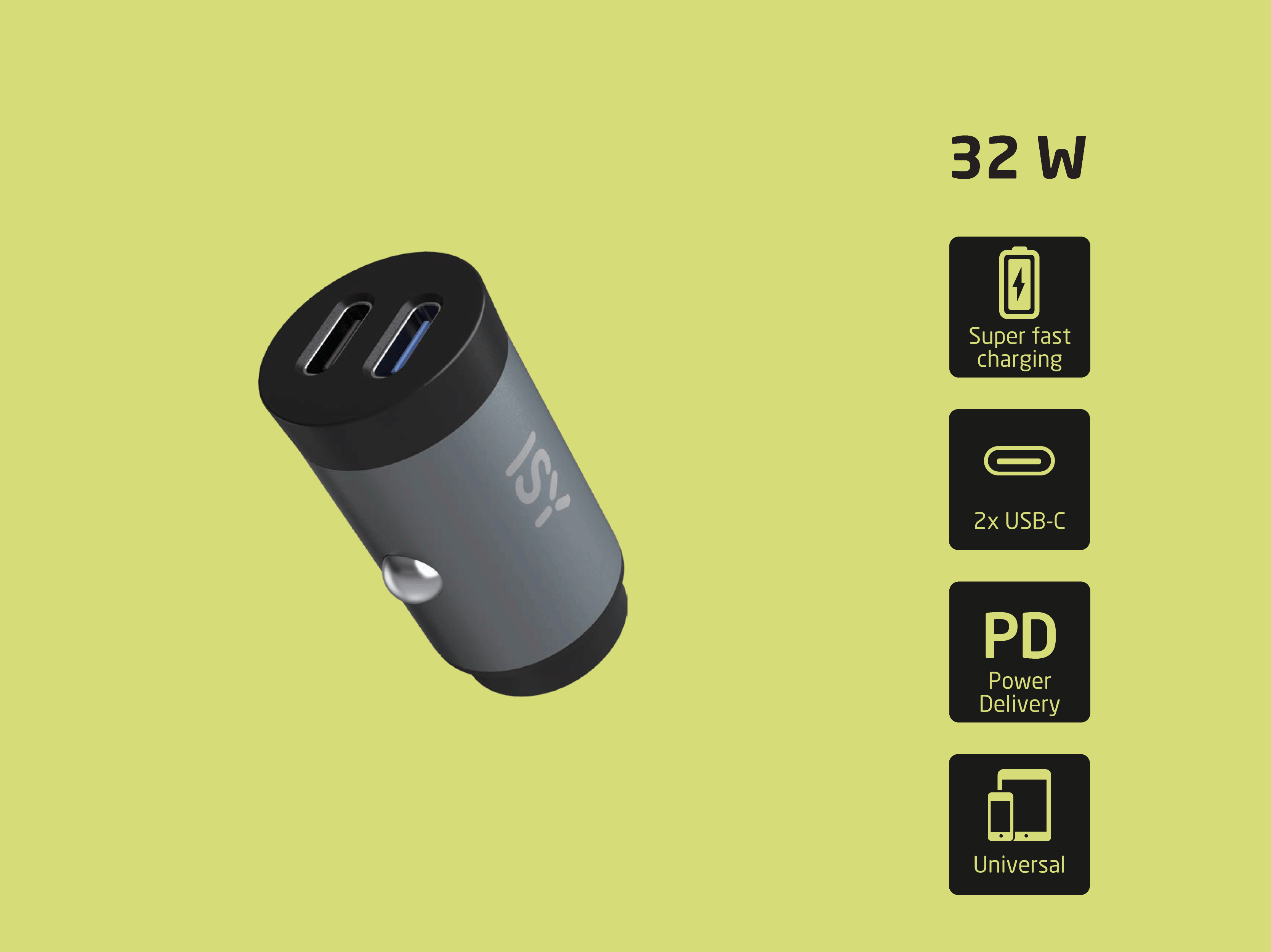 Grauer 32W USB-C Kfz-Ladeadapter mit zwei Anschlüssen vor gelbem Hintergrund und Feature-Icons.