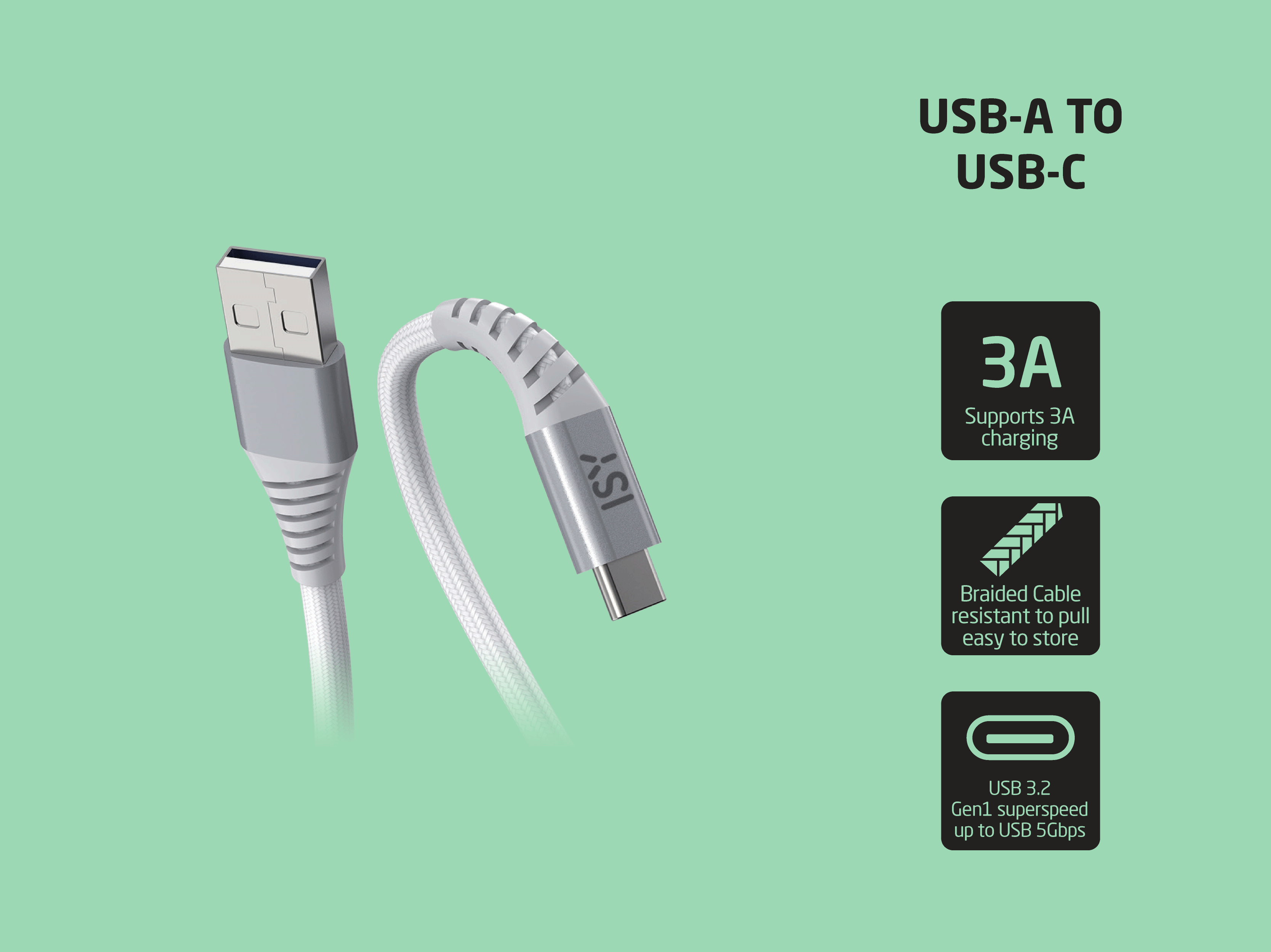Ein weißes USB-A zu USB-C Kabel mit Textilummantelung, Biegeschutz und Features auf grünem Hintergrund.
