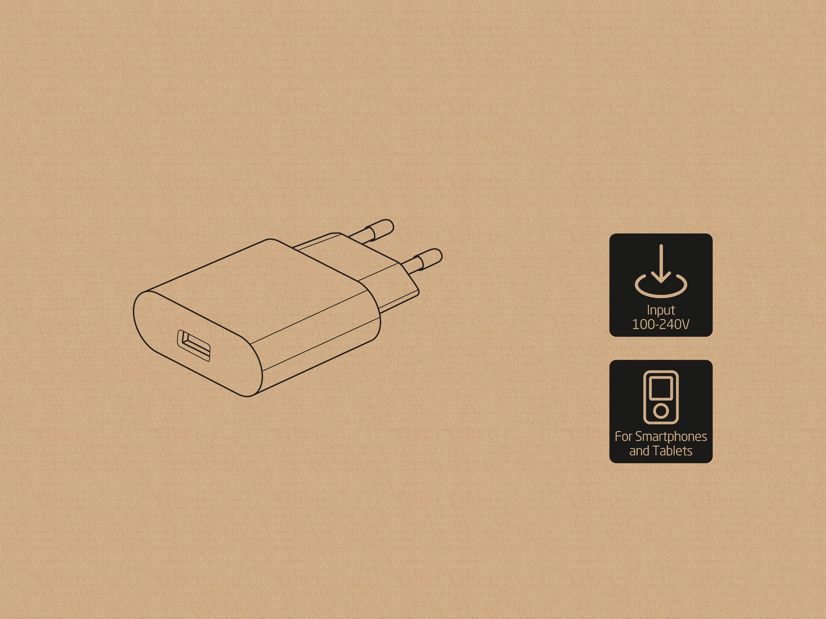 Ein weißer USB-Wandlader mit zwei Steckern und zwei Symbolen rechts auf braunem Papier.