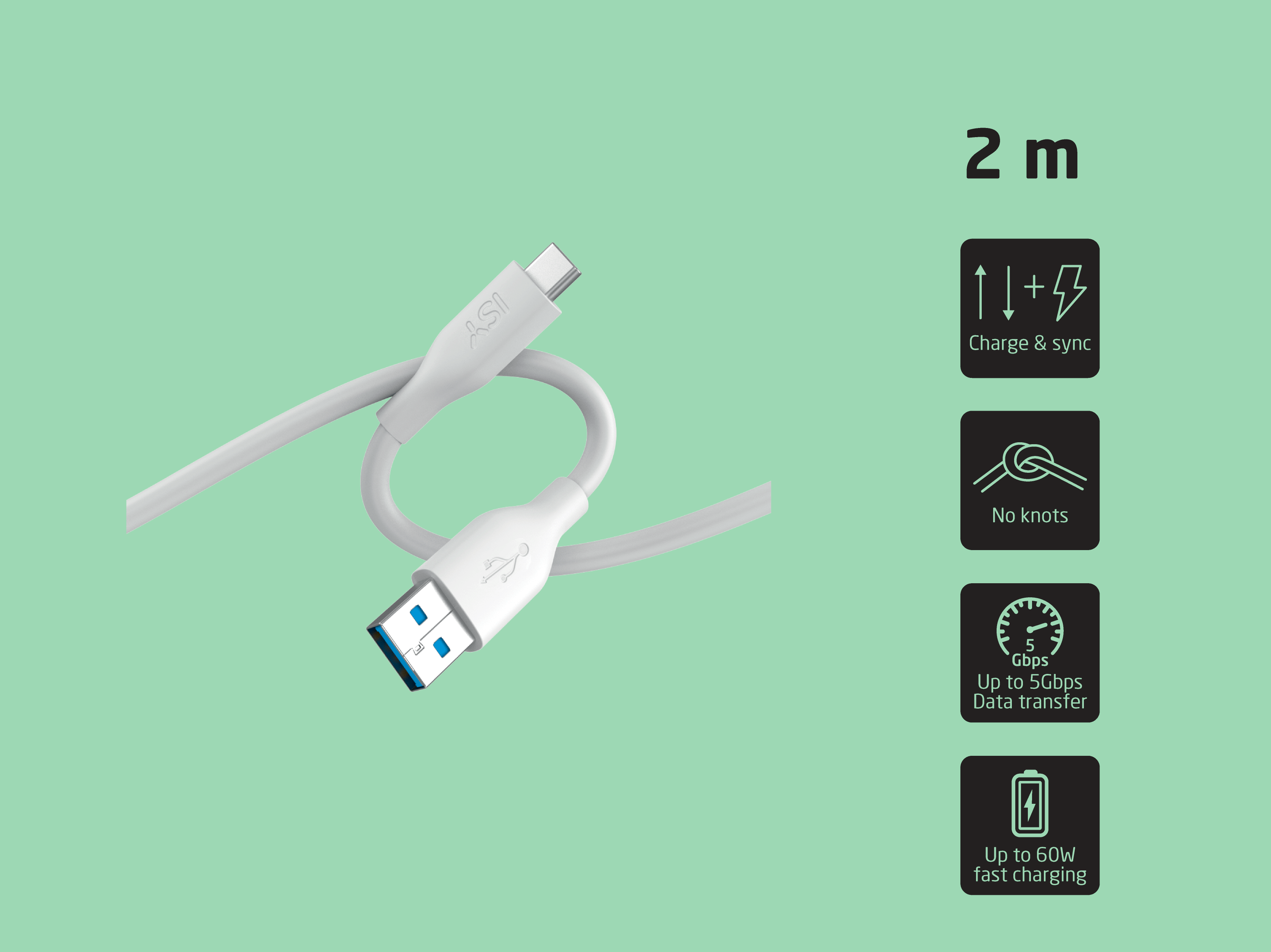 Ein 2m hellgraues USB-Kabel mit USB-A- und USB-C-Steckern vor grünem Hintergrund, mit Icons für Eigenschaften.