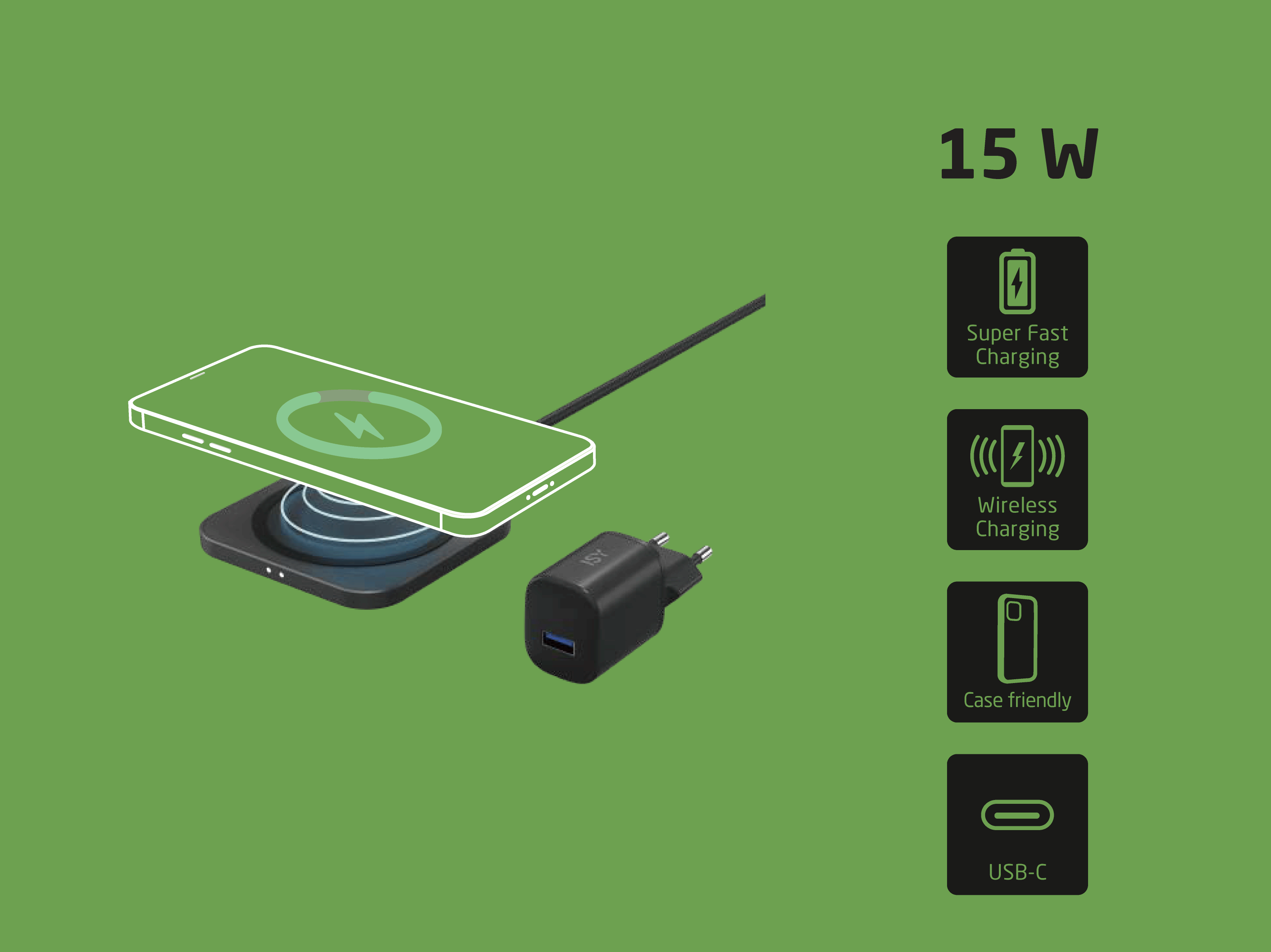 Kabelloses 15W-Ladegerät mit Smartphone, Wandadapter und Icons für Funktionen vor grünem Hintergrund.