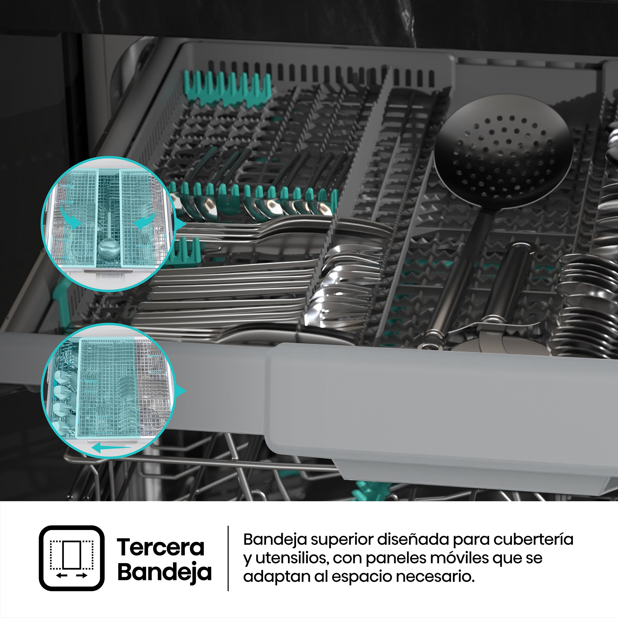 Bandeja superior para cubiertos con paneles móviles, llena de cubiertos y una espumadera grande.