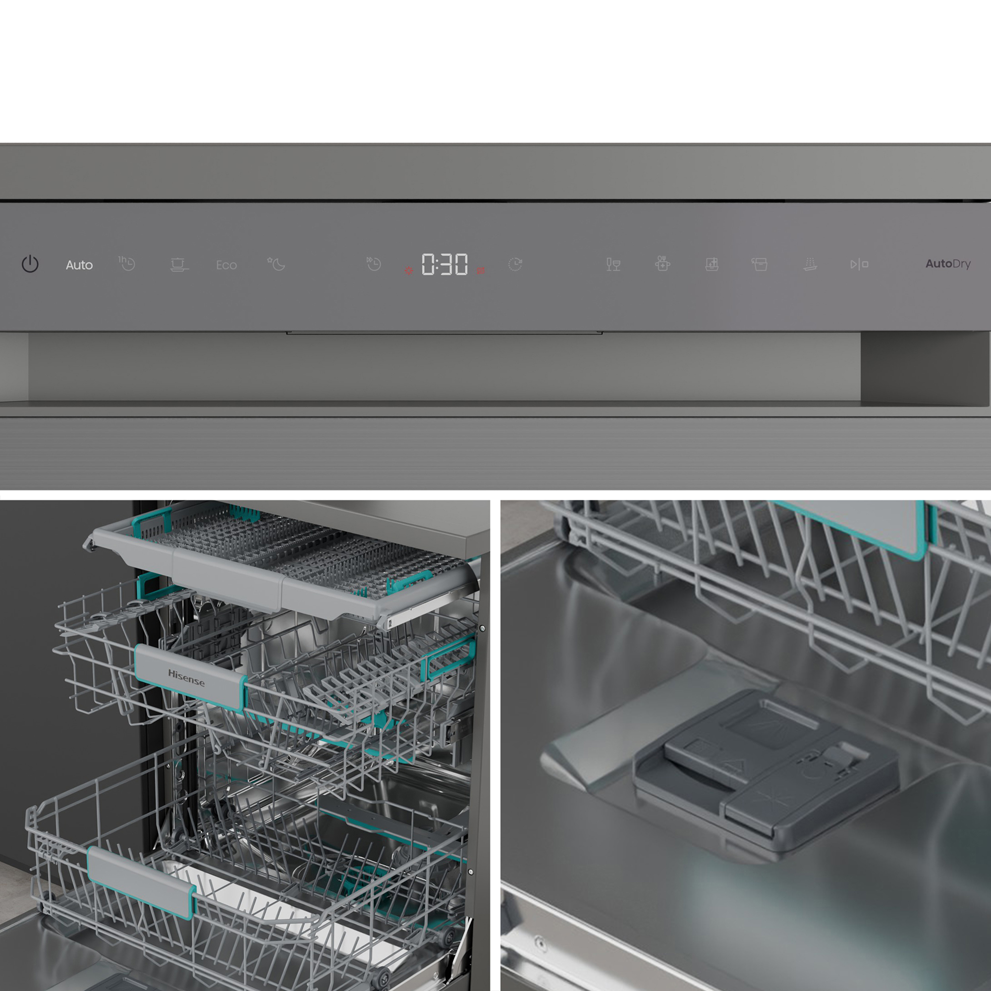 Un lavavajillas con panel de control digital, bandejas ajustables con detalles en turquesa y un dosificador de jabón.