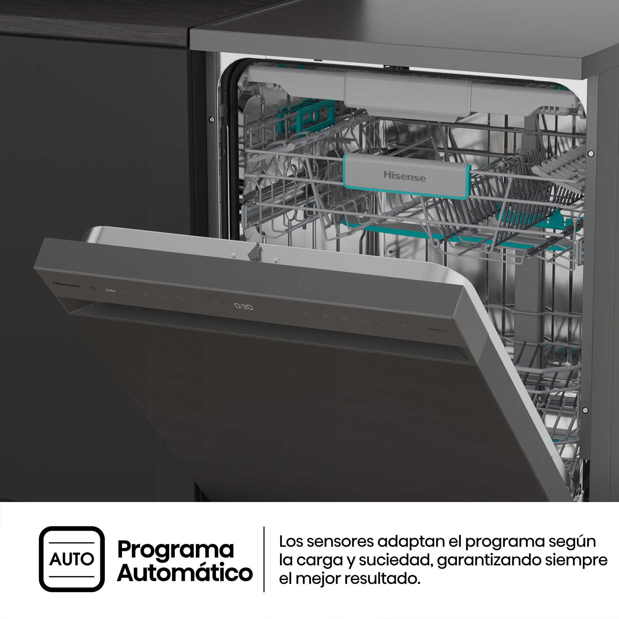 Lavavajillas Hisense gris moderno con puerta abierta, cestas vacías dentro y panel de control arriba.