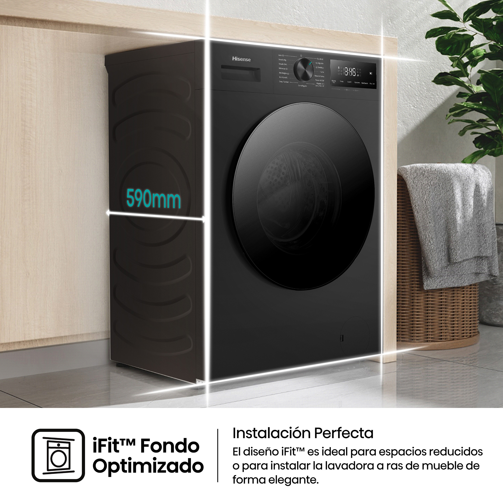 Lavadora Hisense negra bajo encimera de madera, 590mm de fondo, con cesto y planta al fondo.