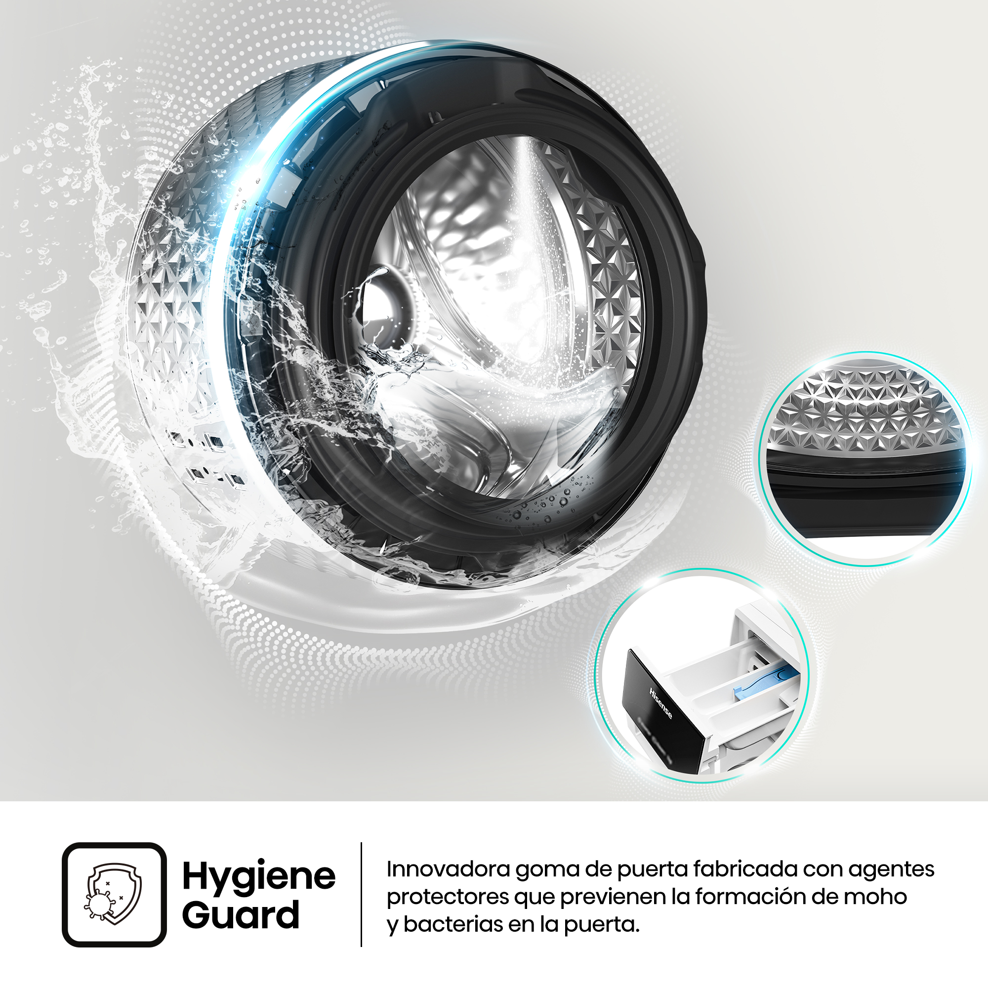 Tambor de lavadora con salpicaduras de agua e inserción detallada que muestra Hygiene Guard.