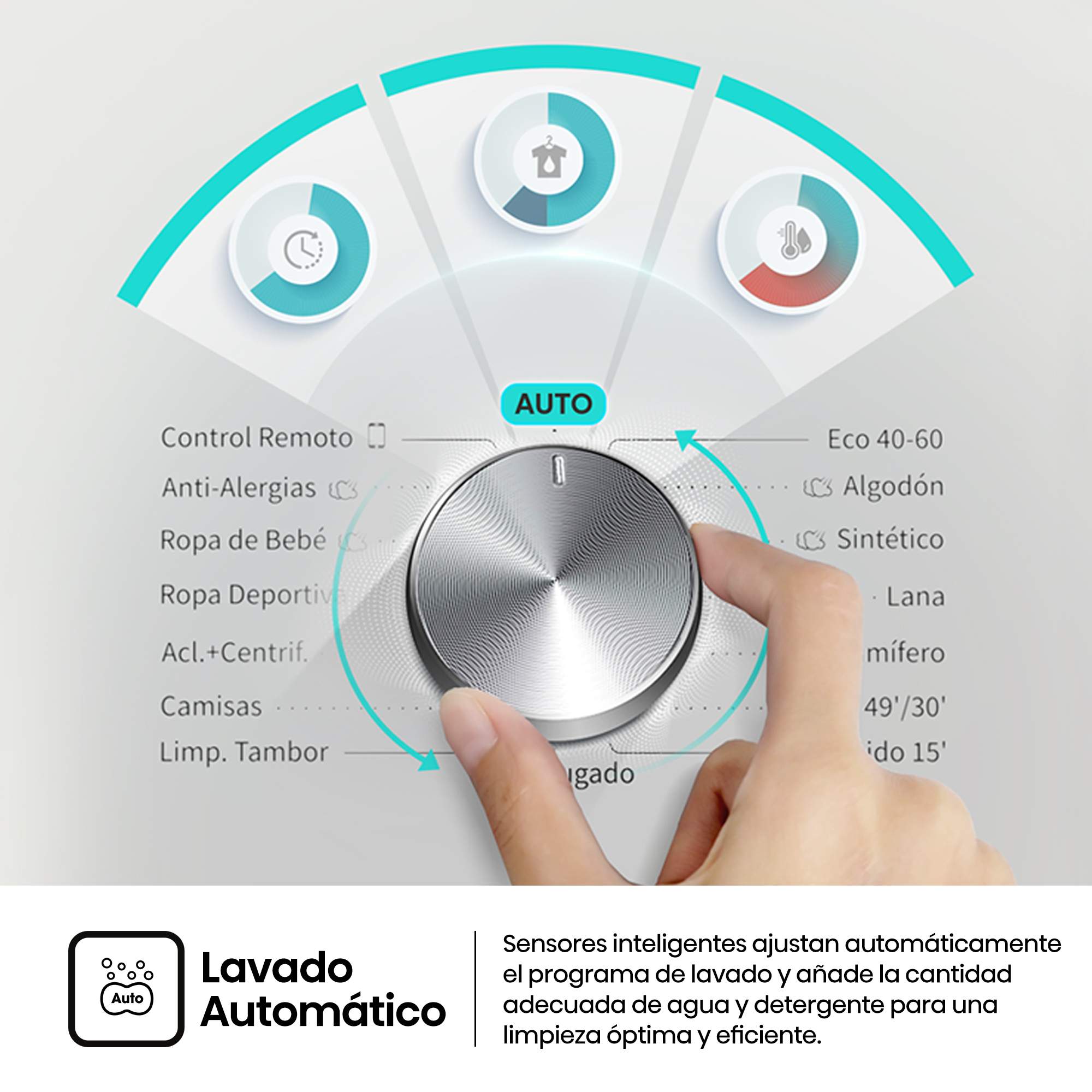 Mano girando el selector plateado de una lavadora con opciones de programa.