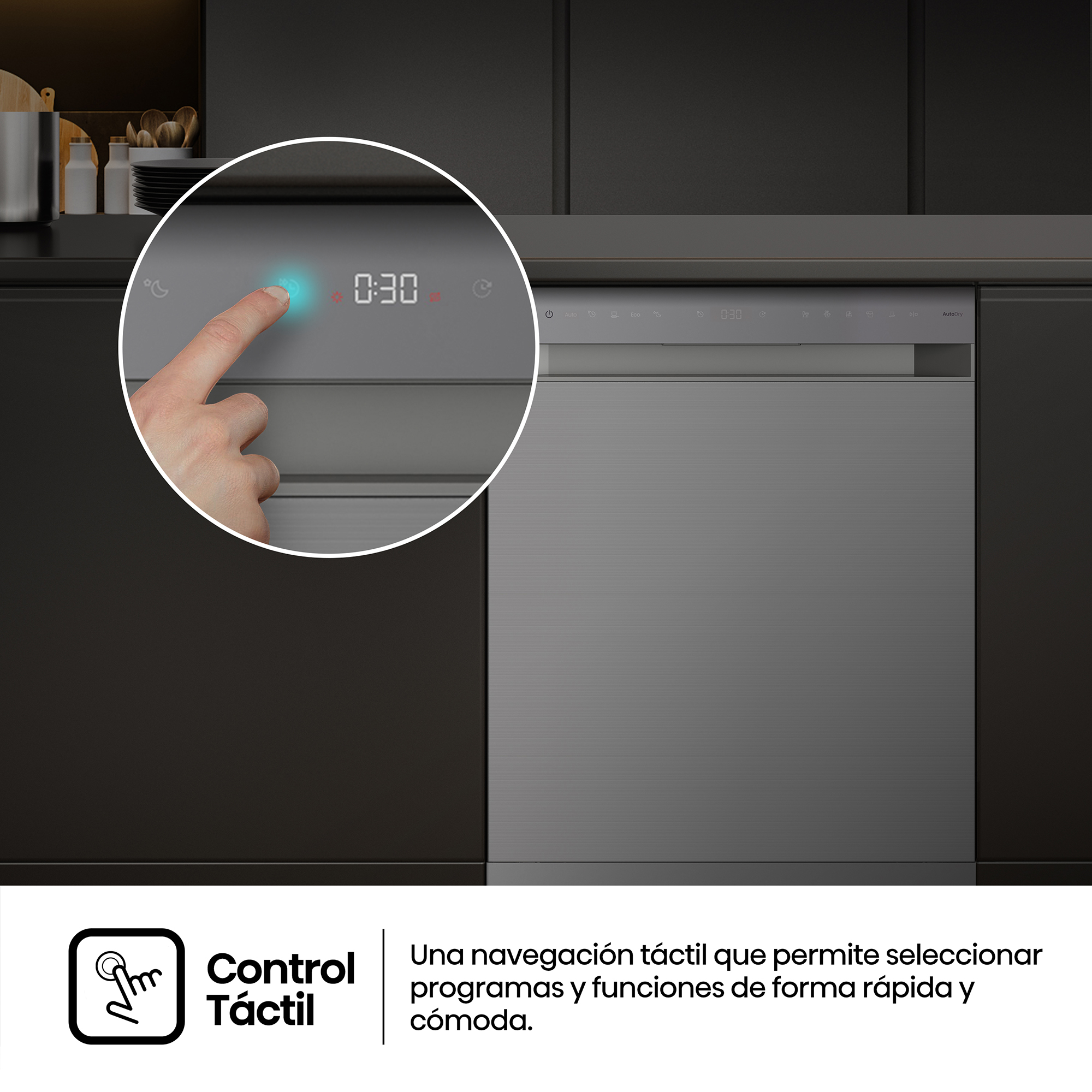 Una mano opera la pantalla táctil de un lavavajillas gris moderno con temporizador digital.