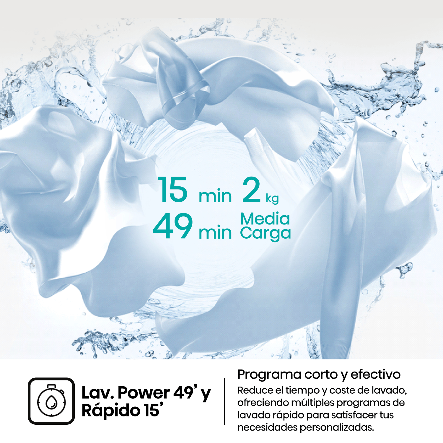 Anuncio de programas de lavado con agua en torbellino y textiles, muestra 15 min, 2 kg, 49 min y texto.