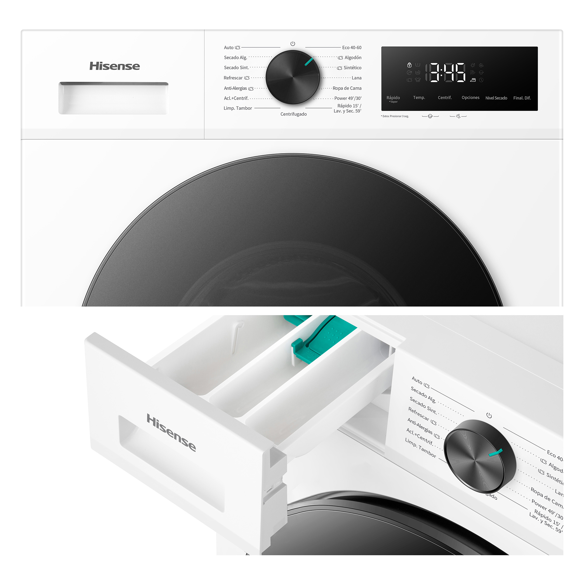 Lavadora Hisense con pantalla digital, selector giratorio y cajón de detergente abierto.