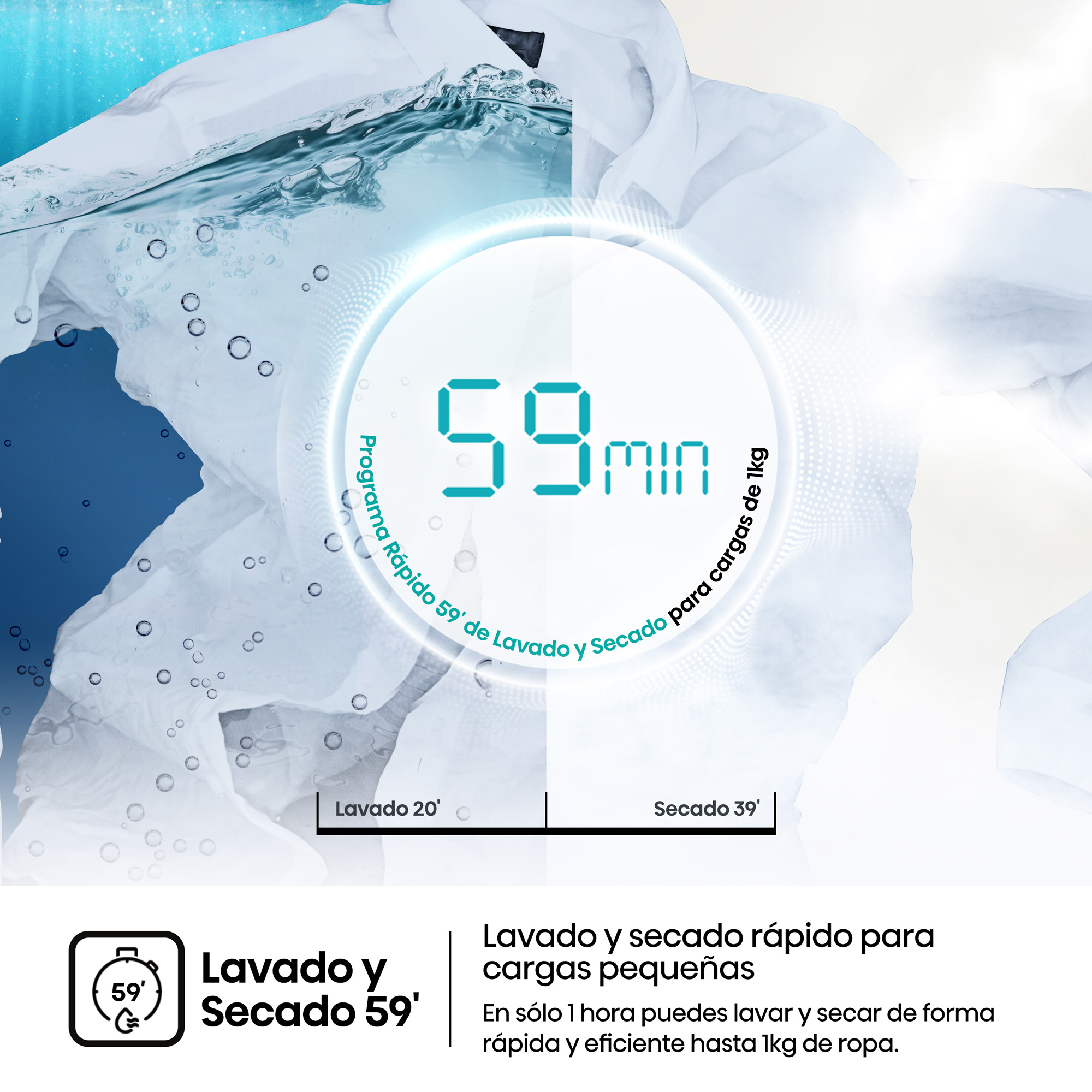 Imagen promocional de programa de lavado y secado en 59 minutos con camisa blanca, gotas de agua y texto.