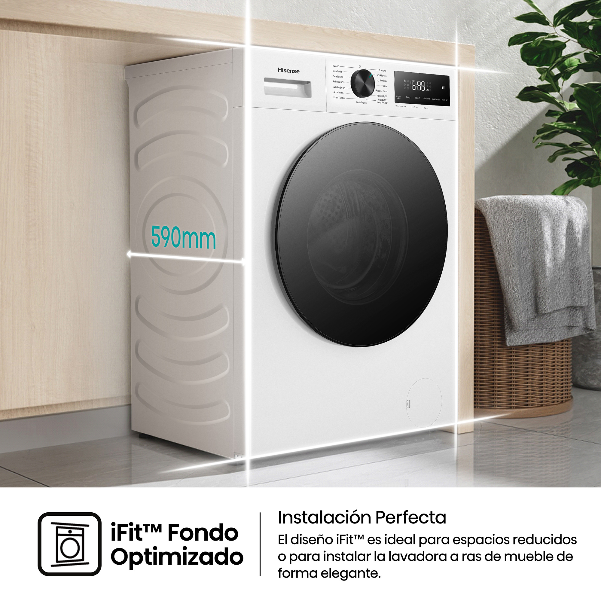 Lavadora Hisense blanca con 590mm de fondo, instalada bajo una encimera de madera junto a un cesto.