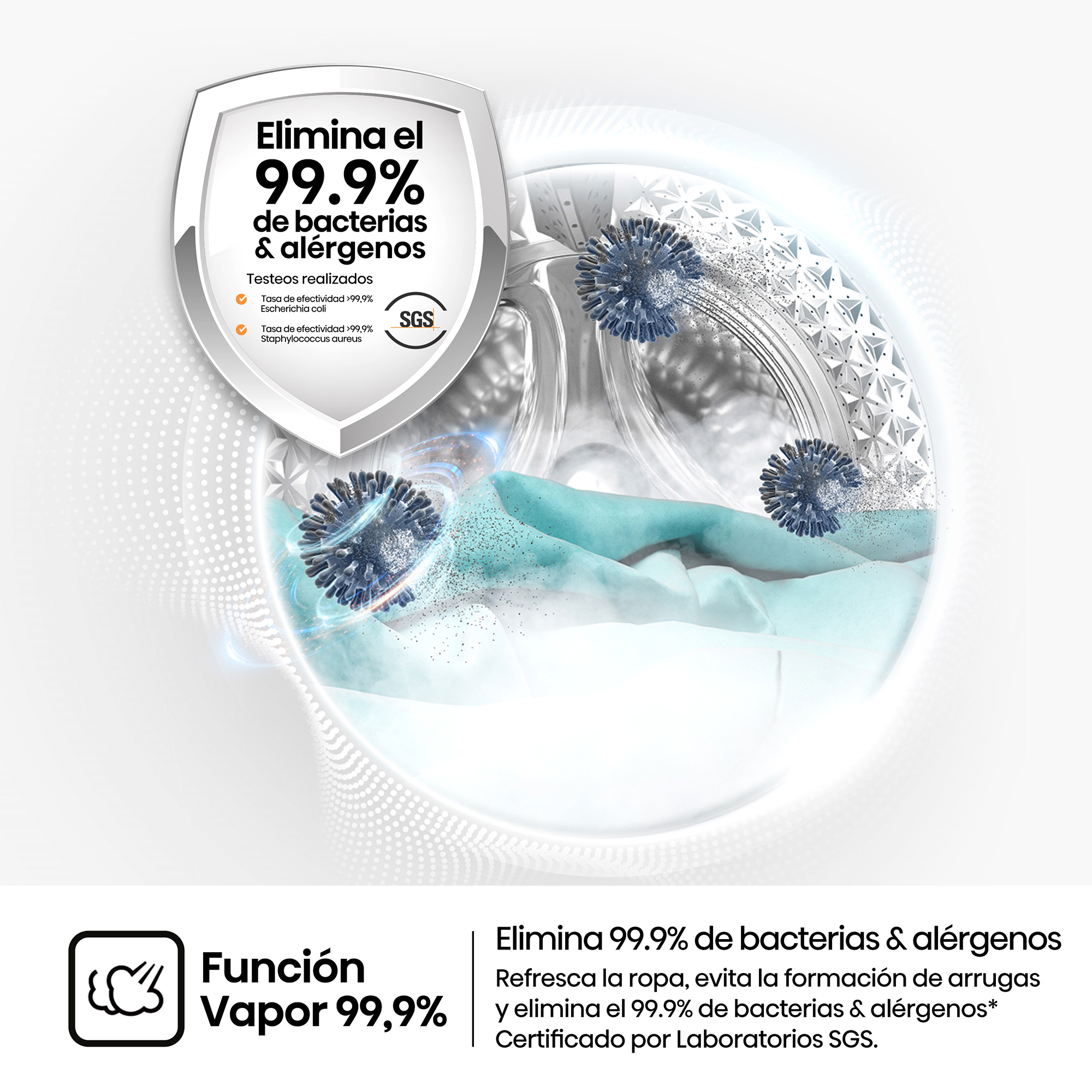 Gráfico que muestra la función de vapor que elimina el 99,9% de bacterias y alérgenos con tela y gérmenes.