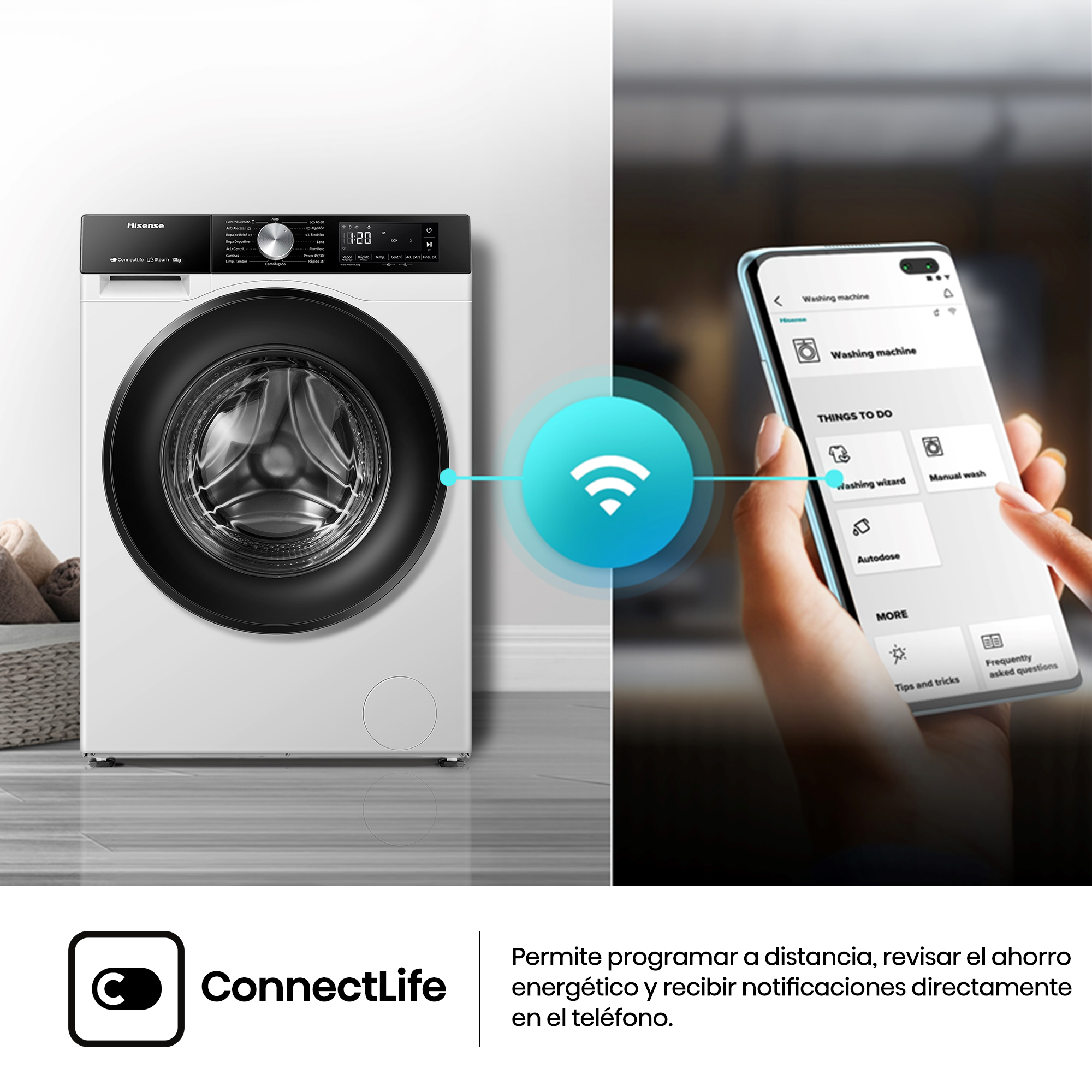 Lavadora blanca Hisense conectada a una aplicación de smartphone mediante Wi-Fi para control remoto.
