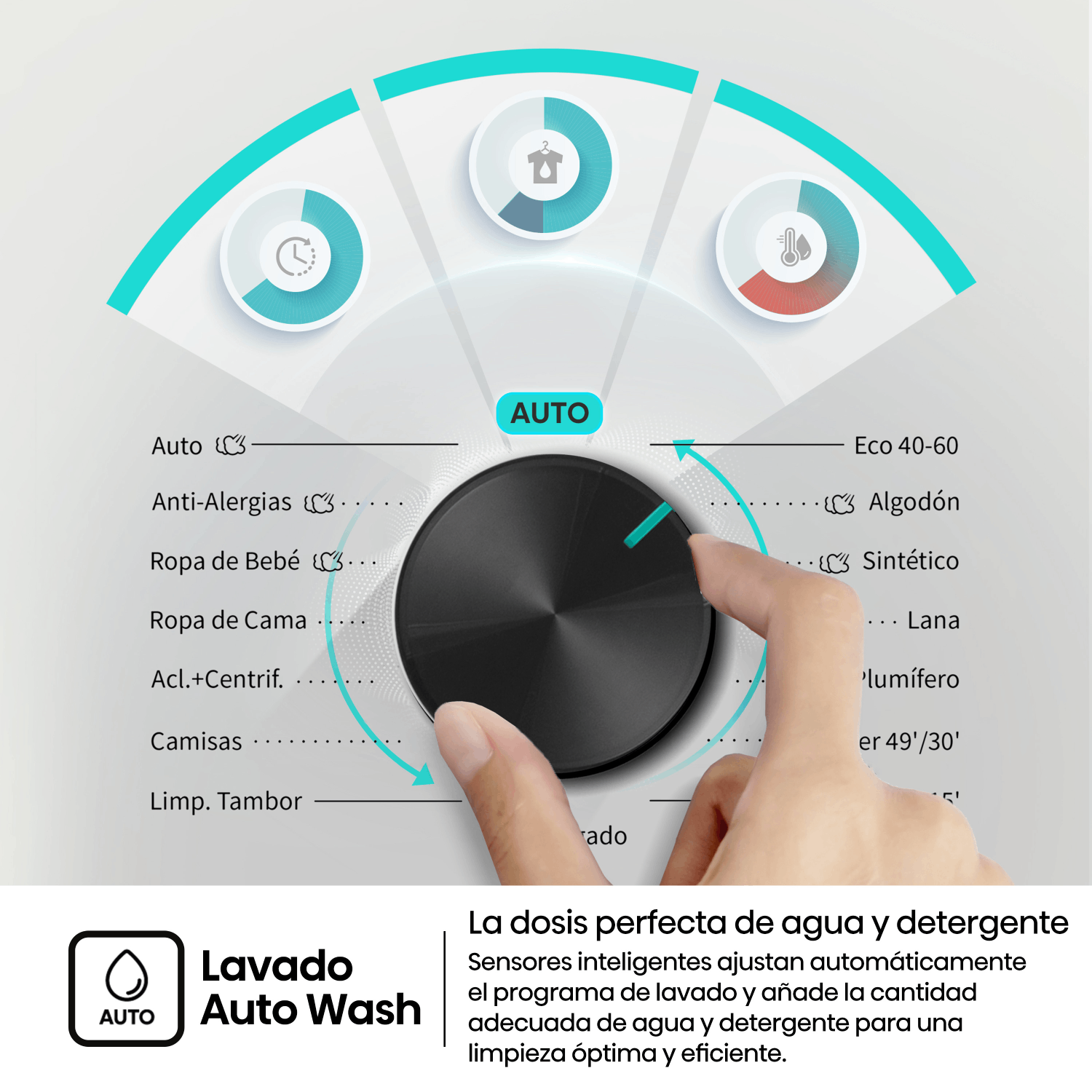 Mano operando un selector circular de lavadora con texto en español e iconos de programa.