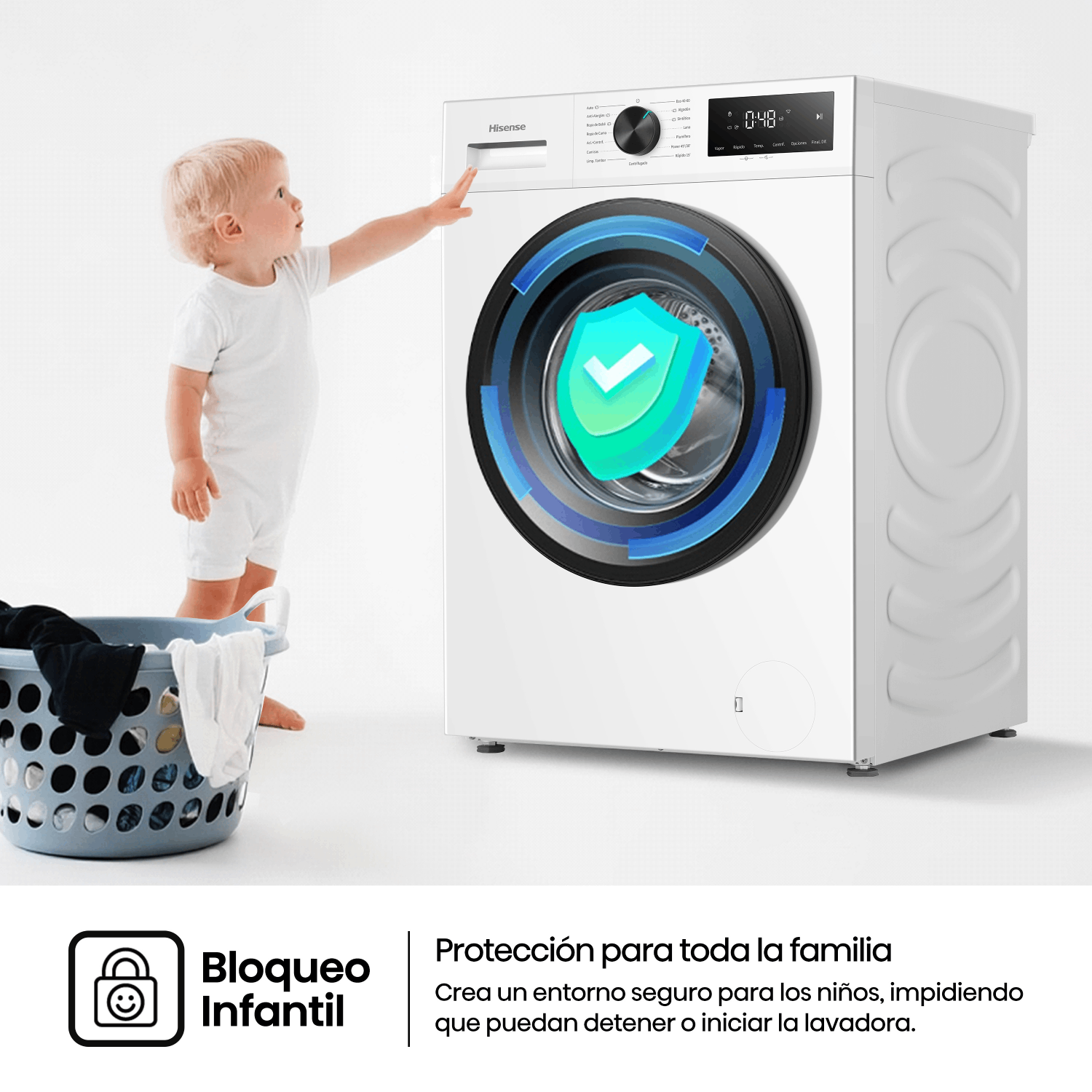 Un niño pequeño alcanza una lavadora Hisense con un gráfico de bloqueo infantil.