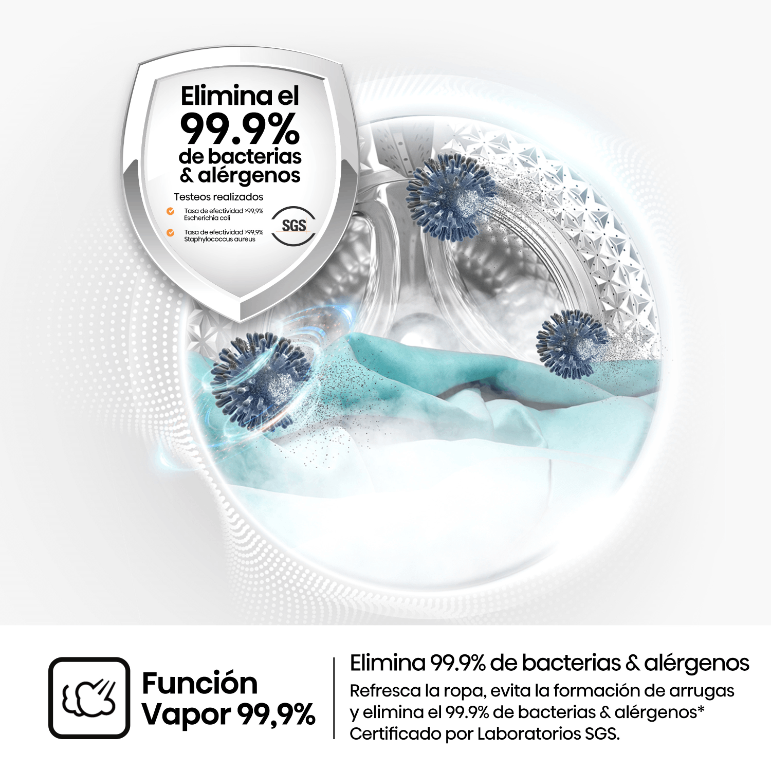 Un escudo indica eliminación del 99.9% de bacterias y alérgenos, mostrando un tambor de lavadora con tela y virus.